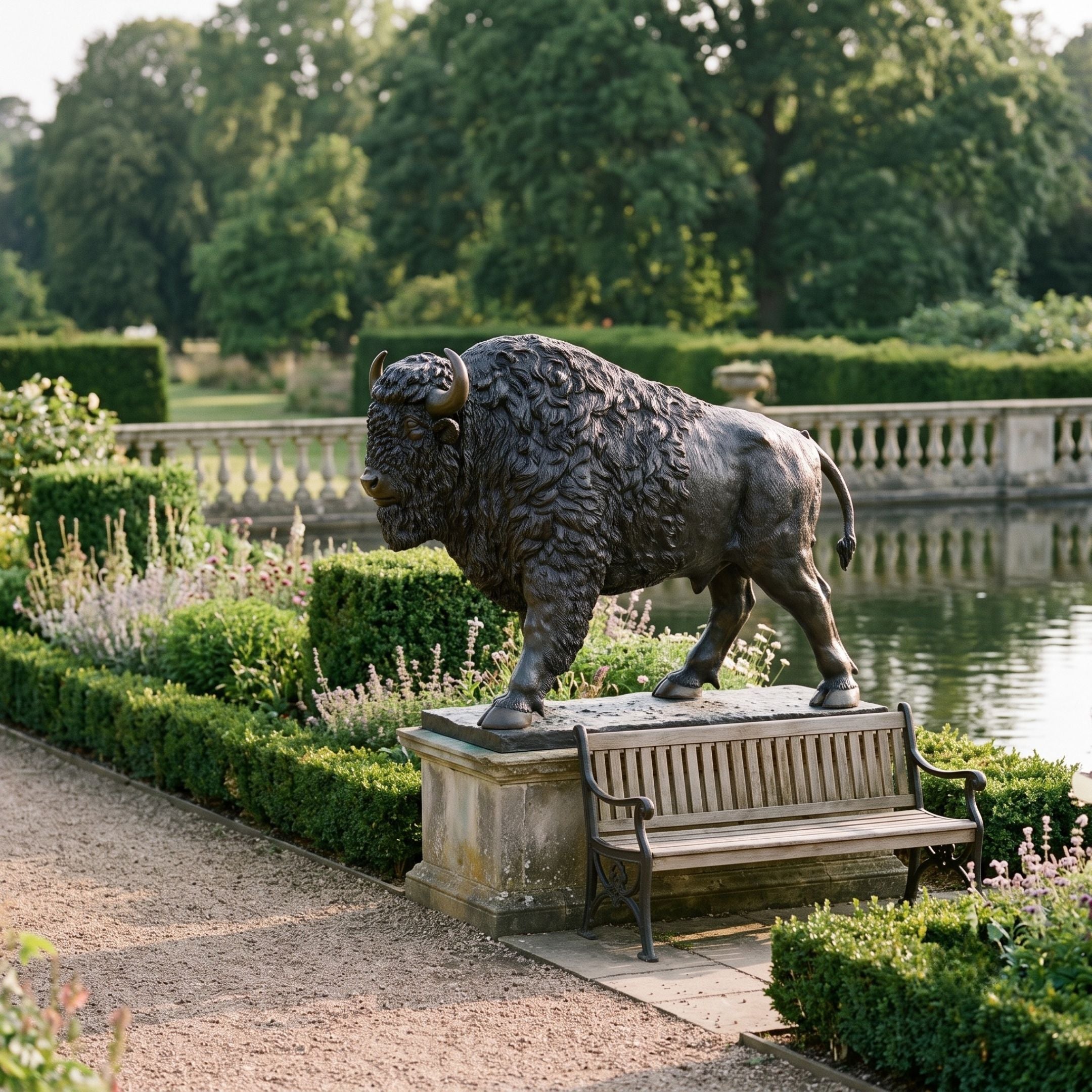 Life-Size Traditional Walking Bison Bronze Sculpture by Giant Sculptures on a stone plinth beside a garden bench, pond, and clipped hedges.