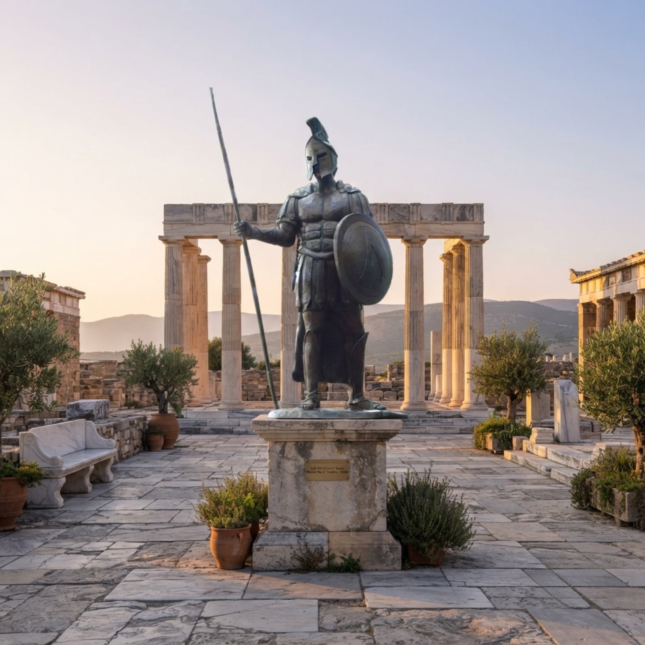 Monumental Classical Spartan Warrior Bronze Sculpture by Giant Sculptures, 250cm hoplite with crested helmet, spear, and shield on a stone plinth among ruins.