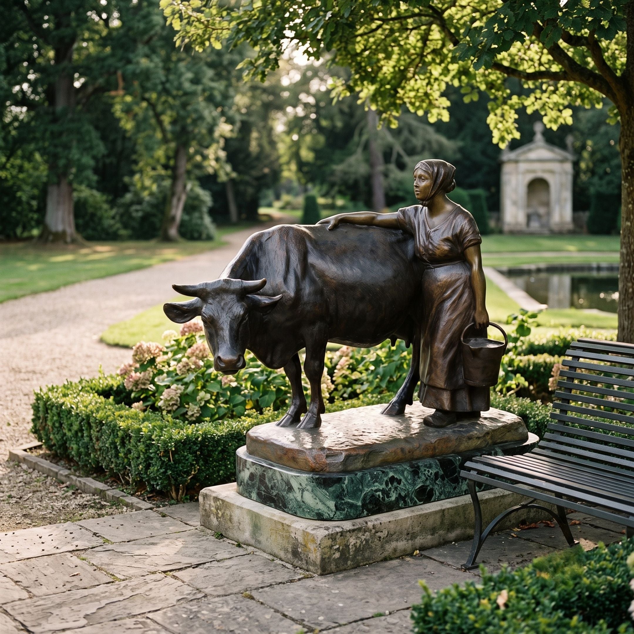 Traditional Milkmaid and Bull Bronze Sculpture by Giant Sculptures on a green-veined marble plinth in a garden setting, milkmaid holding a pail beside a lowered-head bull.