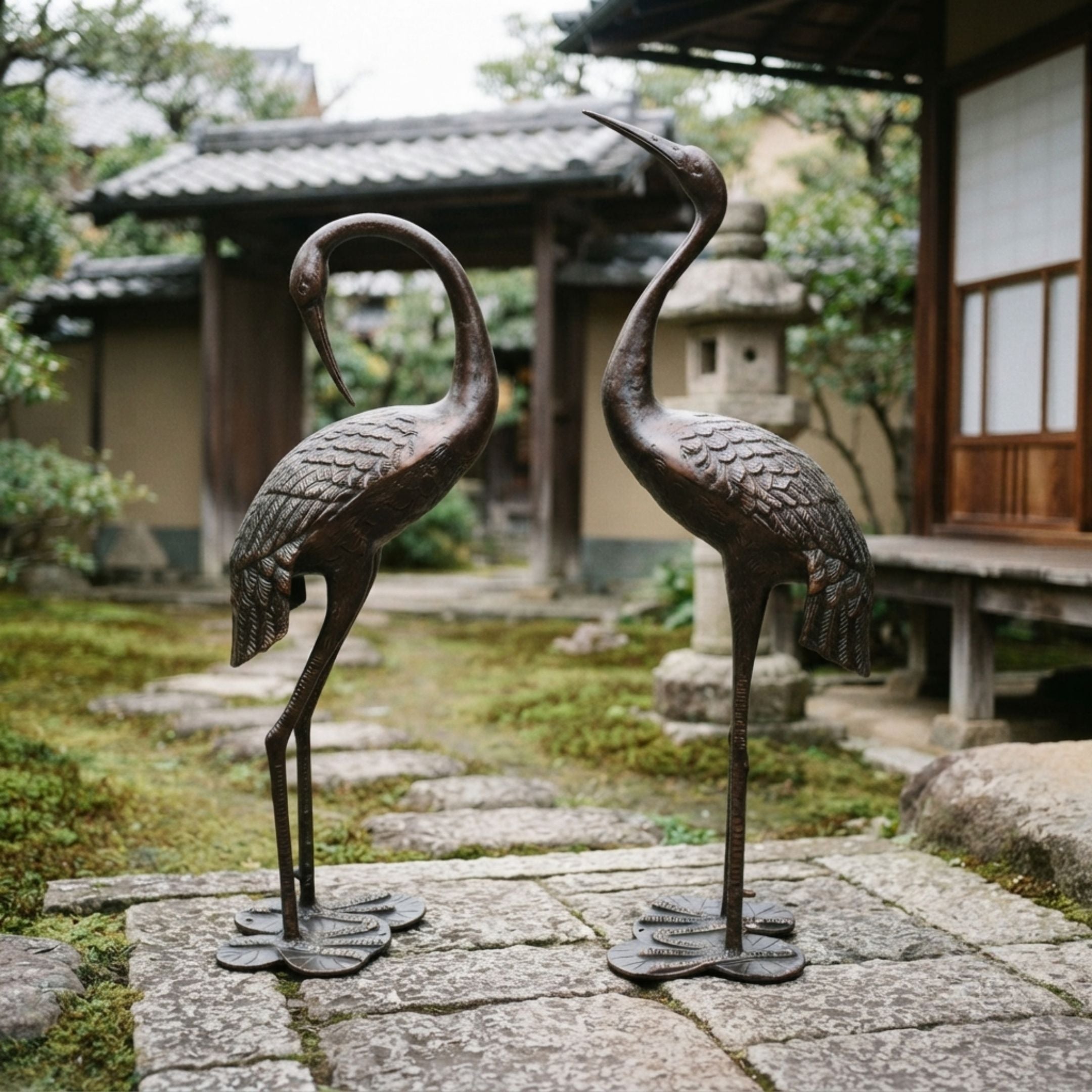 Large Traditional Crane Pair Bronze Sculpture by Giant Sculptures, dark patinated cranes on lotus bases in a Japanese garden with tiled gate and stone lantern.