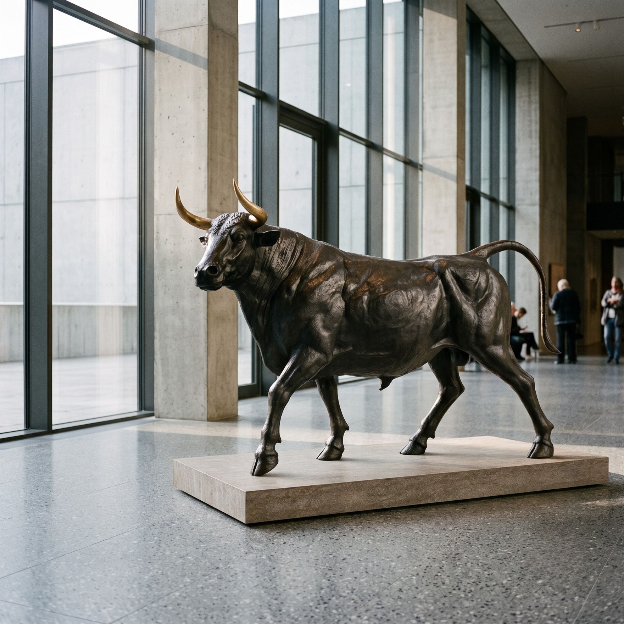 Monumental Charging Bull Bronze Sculpture by Giant Sculptures with black-brown patina and gilded horns, displayed on a stone plinth in a modern glass-walled atrium.