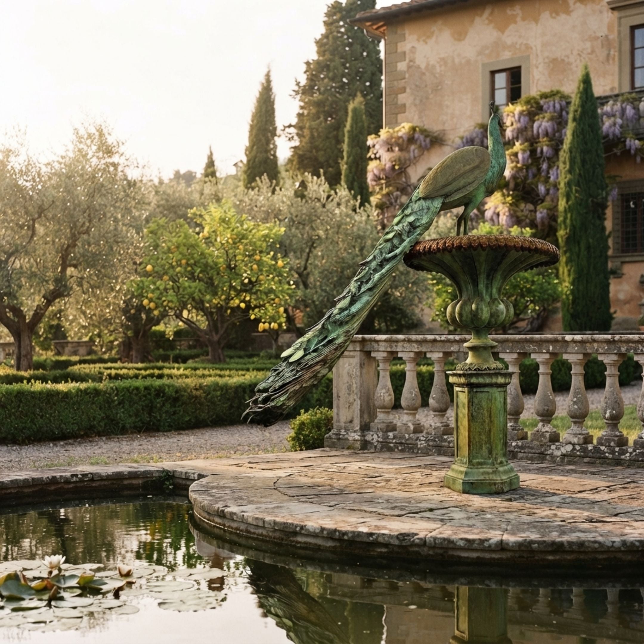 Monumental Classical Peacock Fountain Bronze Sculpture by Giant Sculptures with verdigris patina, tail cascading over a tiered basin beside a villa's lily pond.