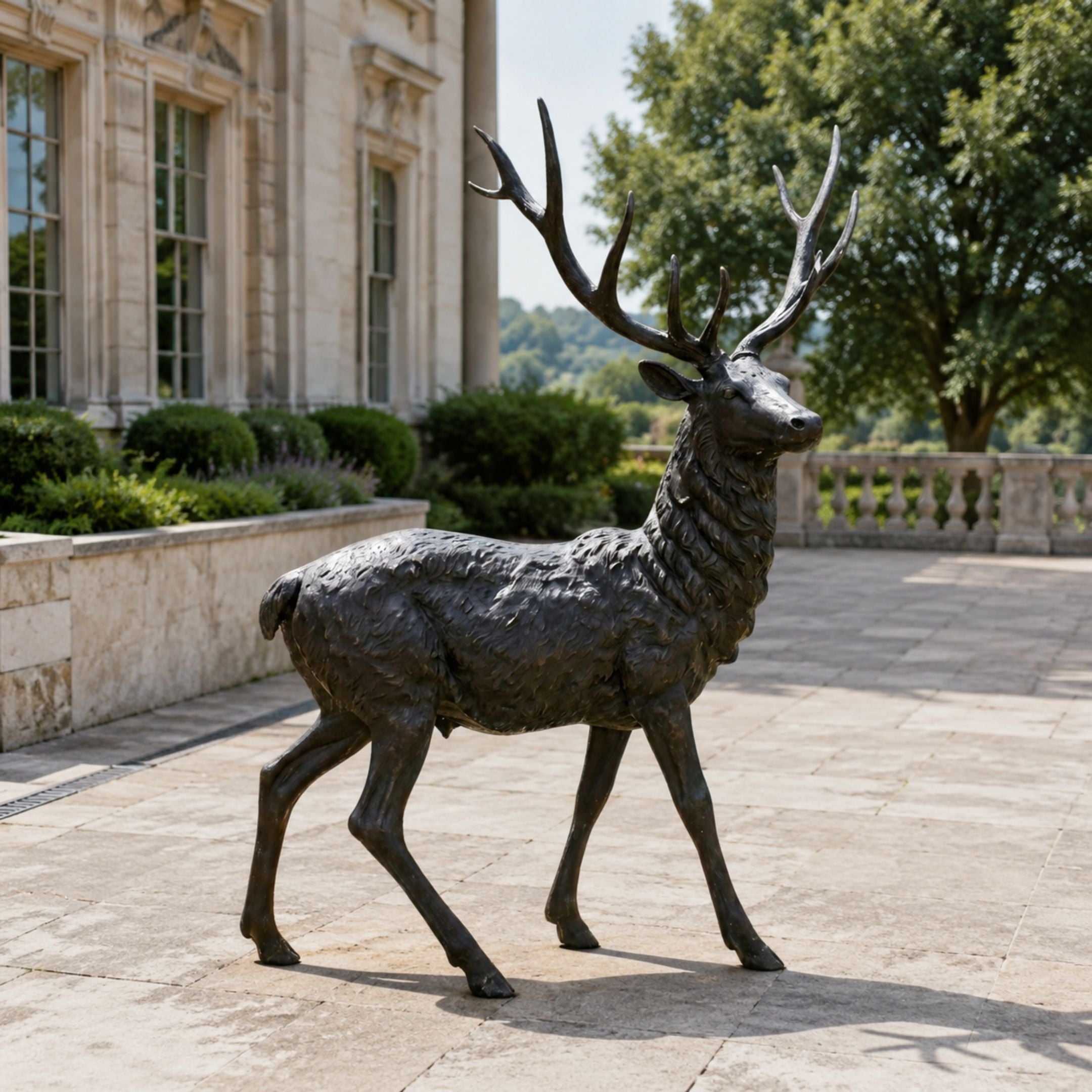 Life-Size Walking Stag Bronze Sculpture by Giant Sculptures in dark patina, mid-stride with raised head and multi-point antlers, displayed on a stone terrace beside a classical building.