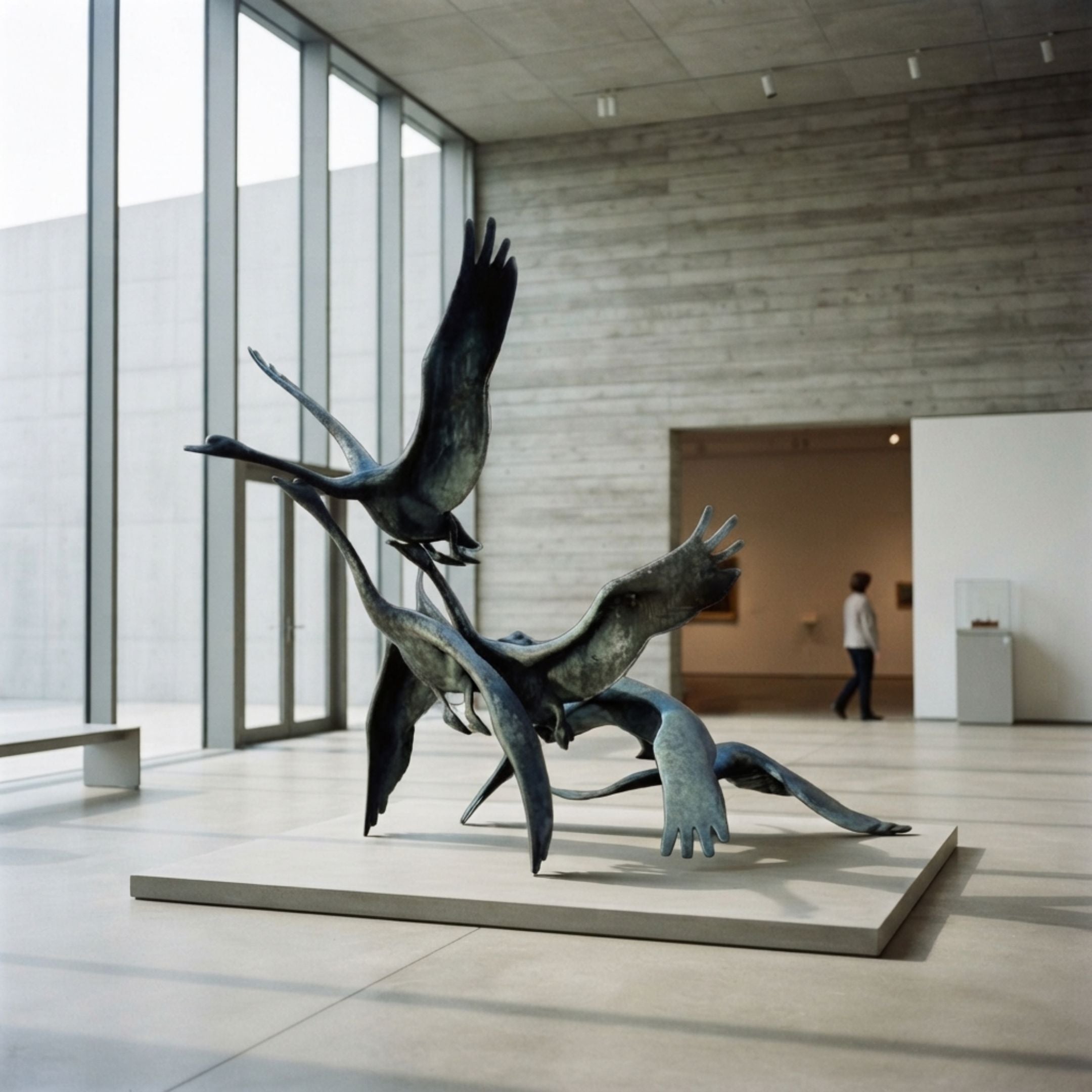 Large Contemporary Flying Cranes Bronze Sculpture by Giant Sculptures, 250cm dark patinated flock lifting off, displayed on a low plinth in a concrete gallery.