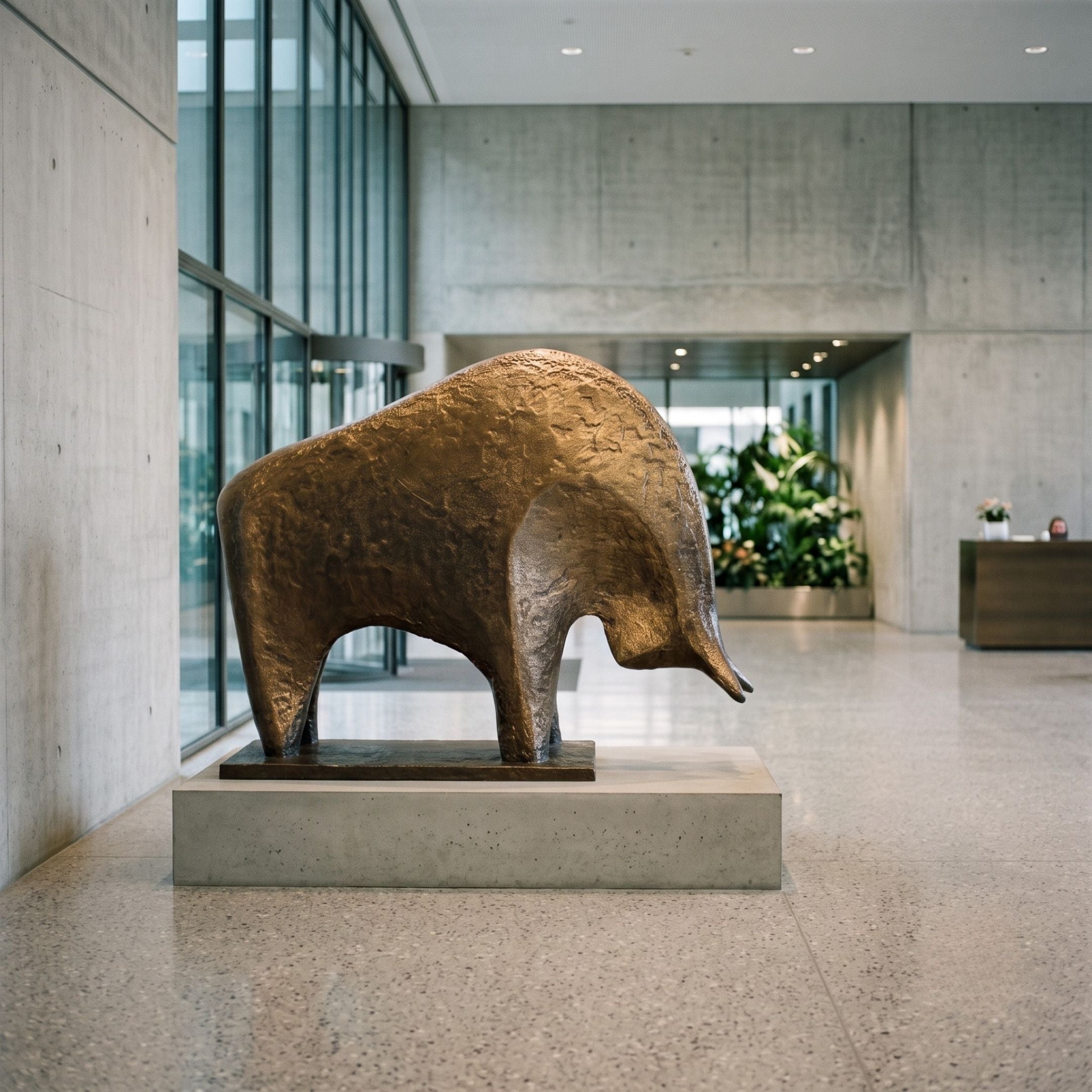 Giant Sculptures Small Modern Abstract Bull Bronze Sculpture with golden-brown patina and textured surface, displayed on a concrete plinth in a modern lobby.
