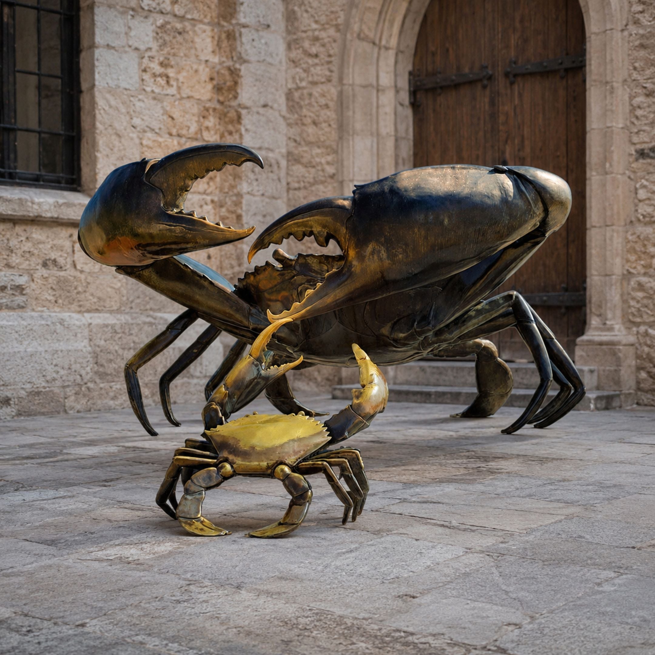 Monumental Contemporary Crab and Companion Bronze Sculpture by Giant Sculptures, showing a large dark bronze crab with raised claws beside a smaller golden crab on stone paving.