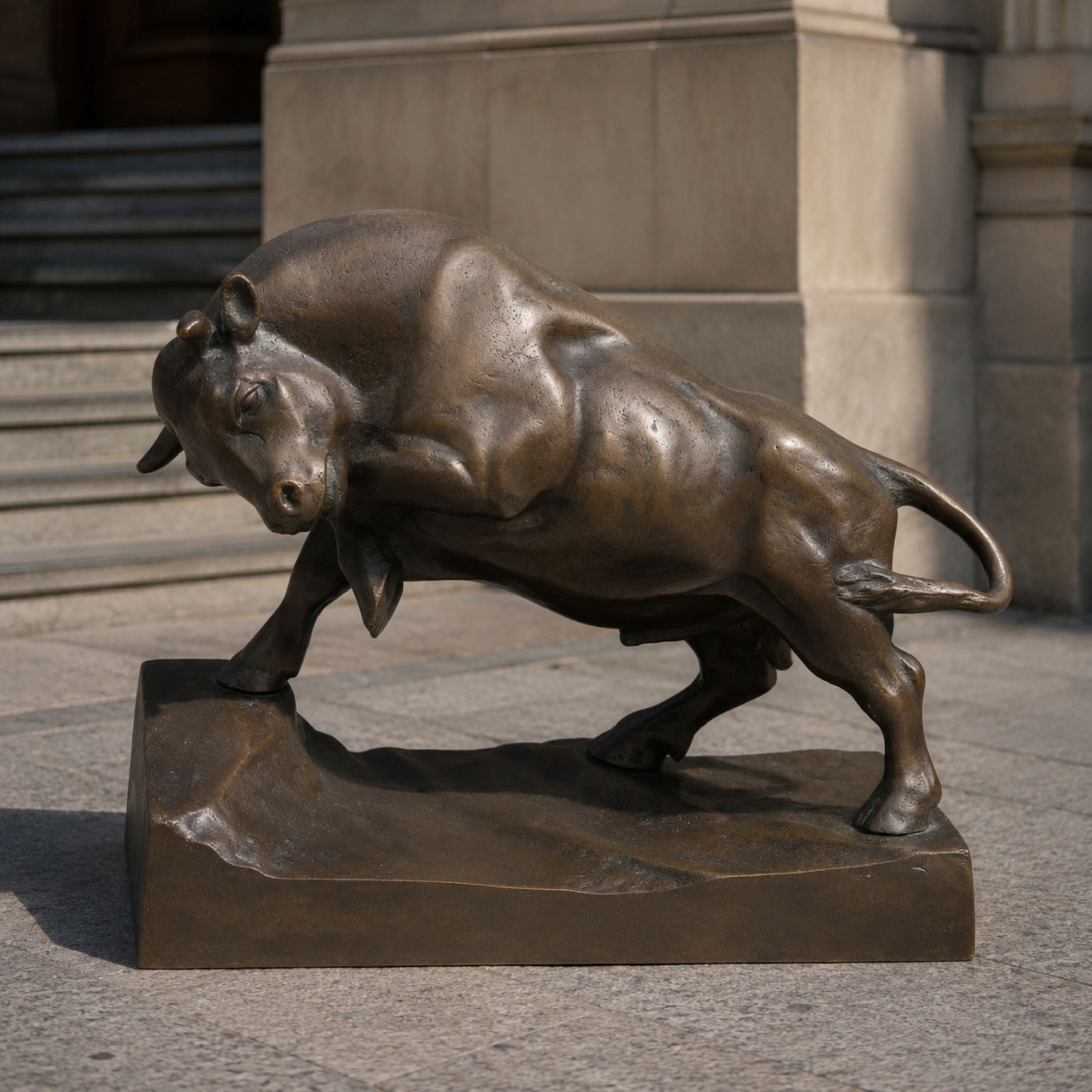 Large Traditional Charging Bull Bronze Sculpture by Giant Sculptures shown in side profile mid-lunge on a rocky plinth outside a stone-columned building.