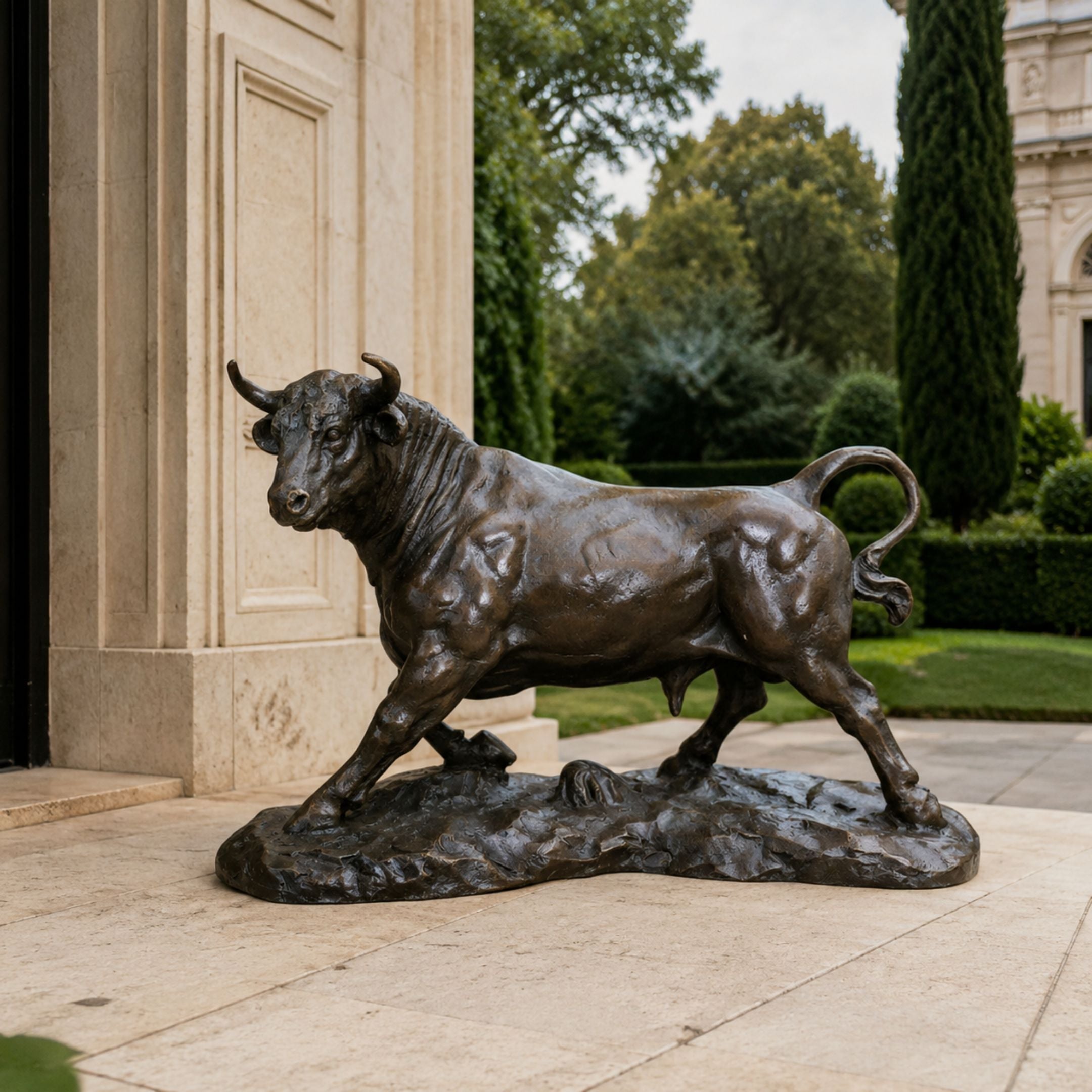 Large Traditional Striding Bull Bronze Sculpture with rocky terrain base by Giant Sculptures, displayed at a stone entrance with cypress trees and garden beyond.