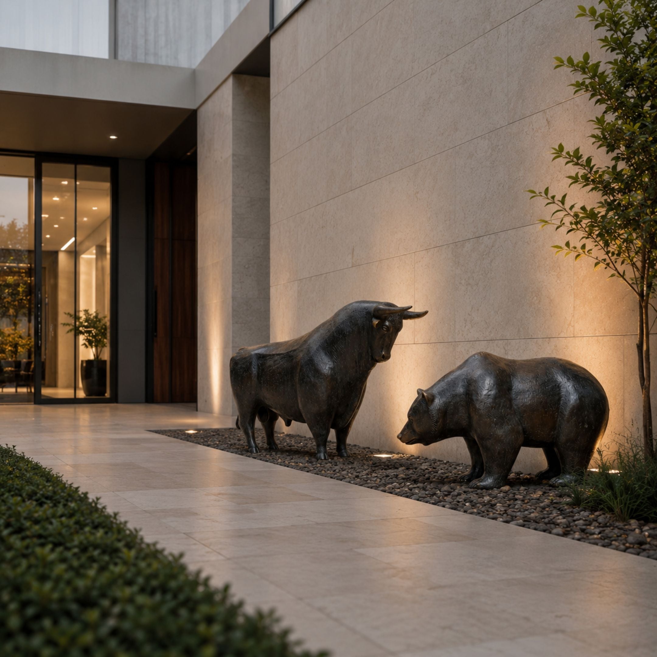 Monumental Bull and Bear Bronze Sculpture Set by Giant Sculptures in dark patina, displayed on gravel beside a modern stone entrance at dusk.