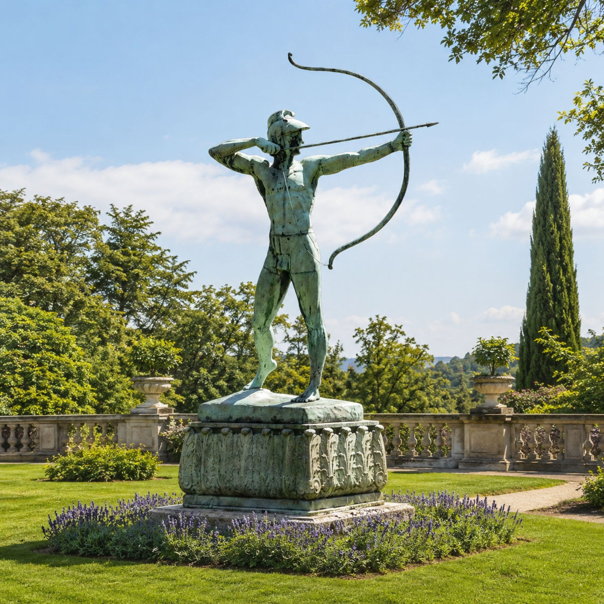 Monumental Classical Archer Warrior Bronze Statue, 350cm, green-patina bronze archer drawing a bow on a carved pedestal in a garden setting.