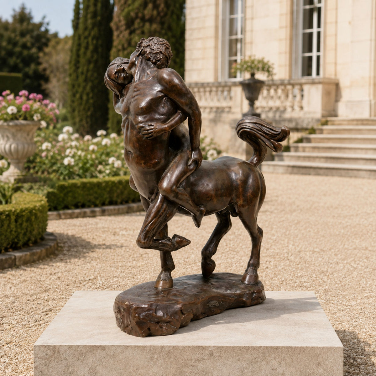 Classical Centaur and Nude Female Figure Bronze Sculpture (Brown Patina), 100cm, on a stone base outdoors near a gravel path and garden estate.
