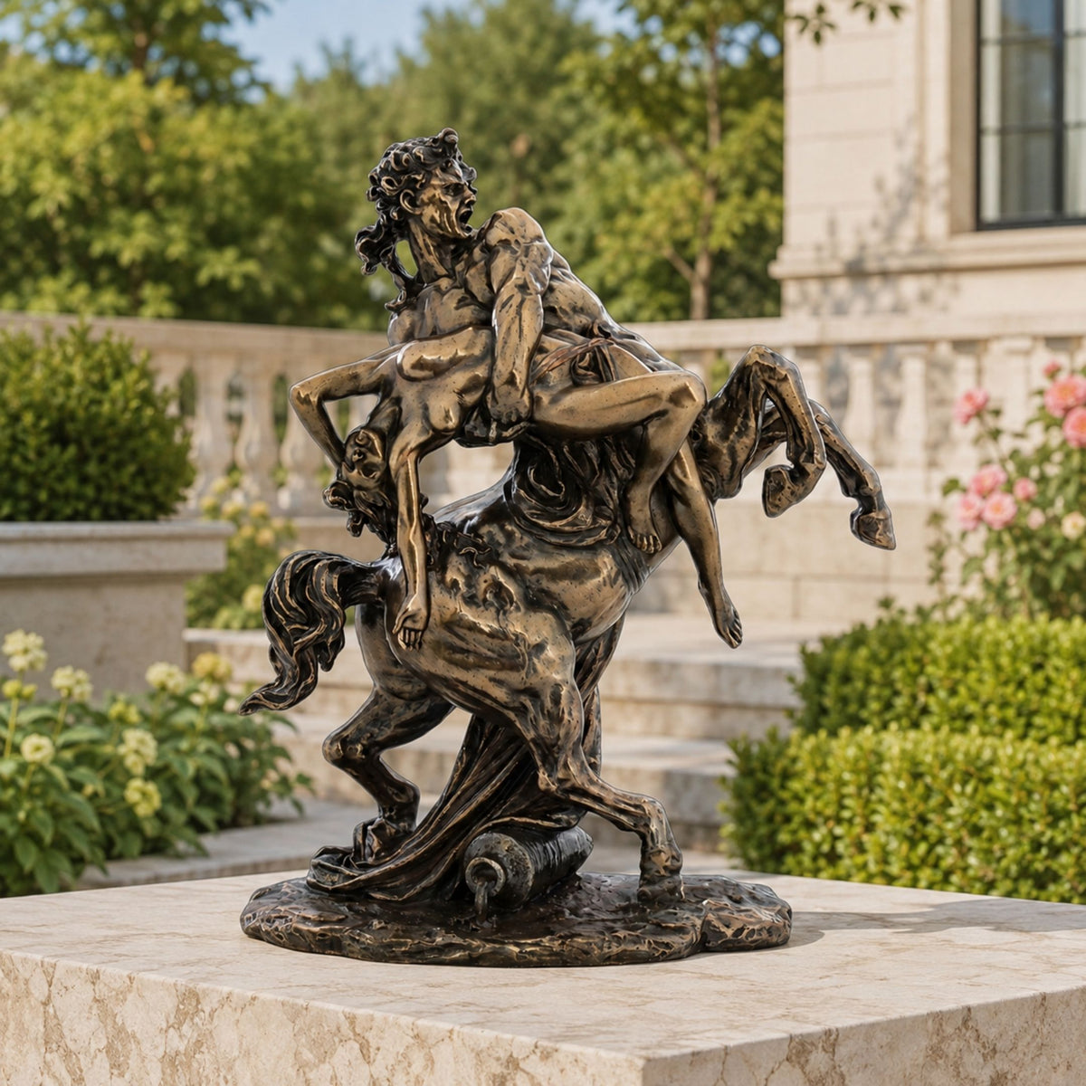 Classical Centaur and Nude Female Figure Bronze Sculpture, 80cm, rearing centaur clasping a sprawled nude figure, bronze finish, displayed outdoors on a stone base.
