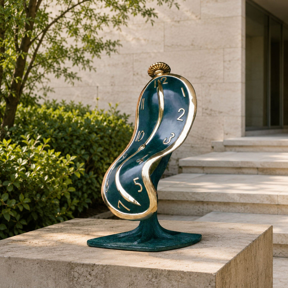 Contemporary Melting Clock Bronze Sculpture - 70cm, twisted S-curve clock face in green and gold on a root-like base, displayed outdoors near steps and greenery.