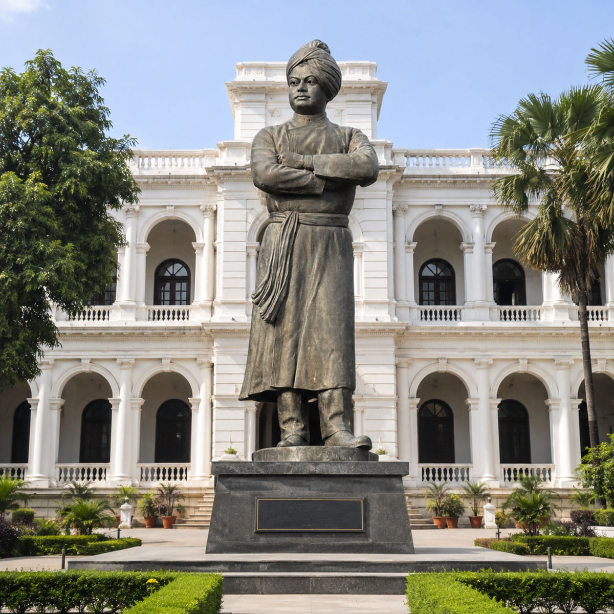 Monumental Traditional Standing Male Figure Bronze Statue, 400cm, folded arms and turban, on a stone base before a white colonnaded building.