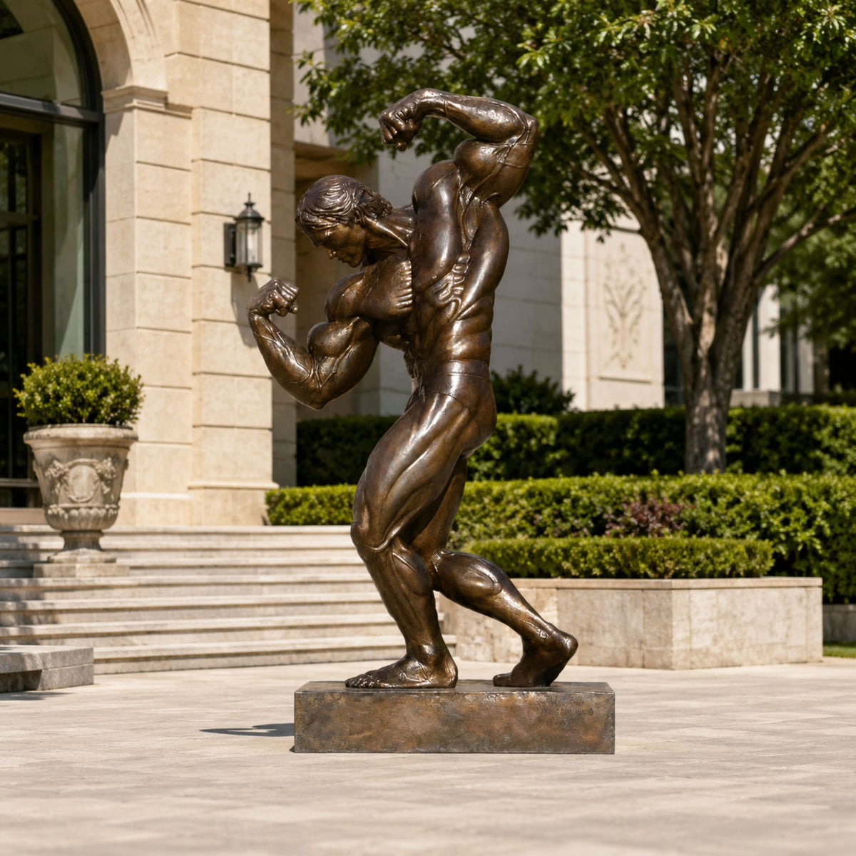Life-Size Contemporary Bodybuilder Bronze Sculpture, 250cm, in a twisted flexing pose on a rectangular base, set outdoors near steps and greenery.