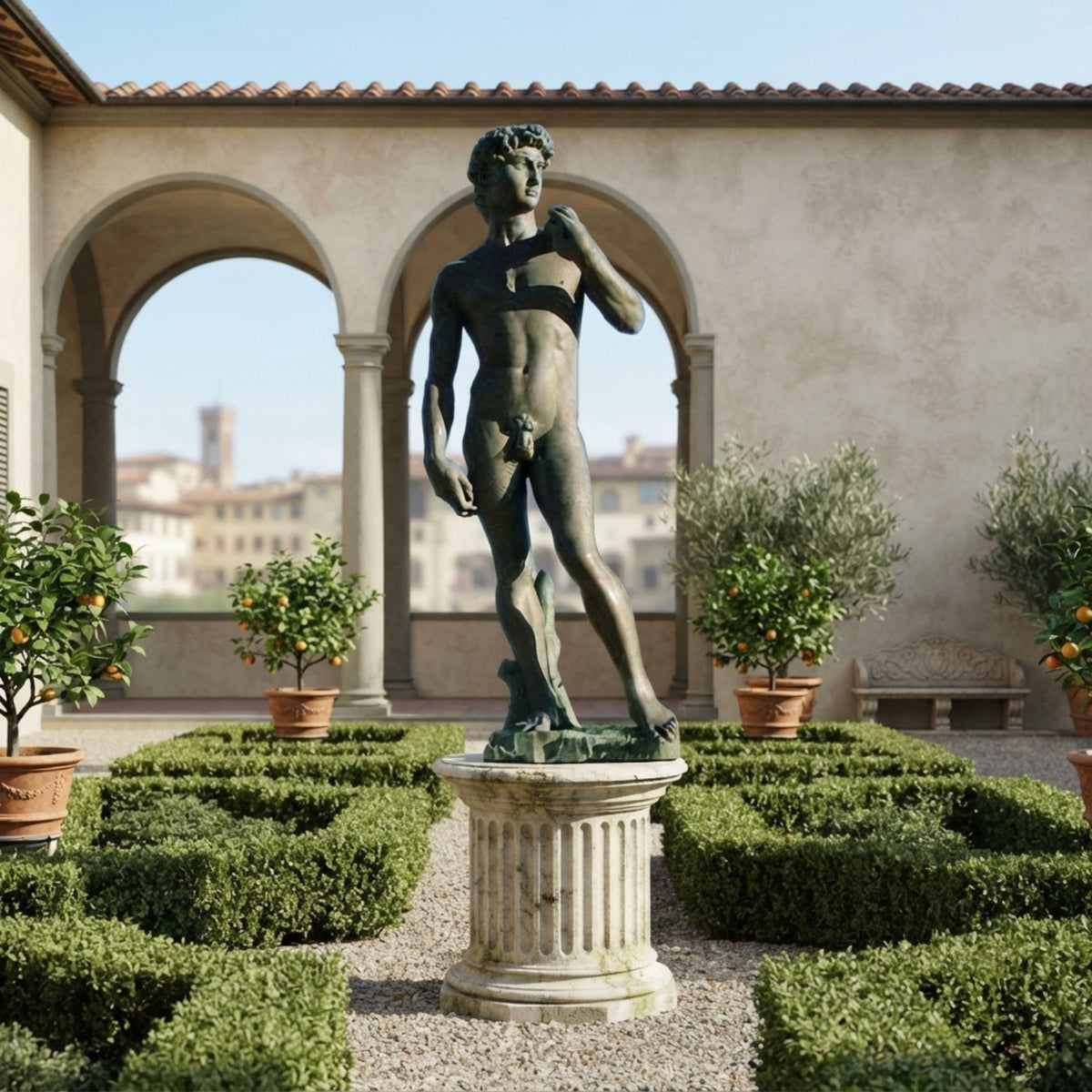 Life-Size Classical Standing David Bronze Statue, 300cm, on a fluted pedestal in a courtyard garden with boxwood hedges and arched colonnade.