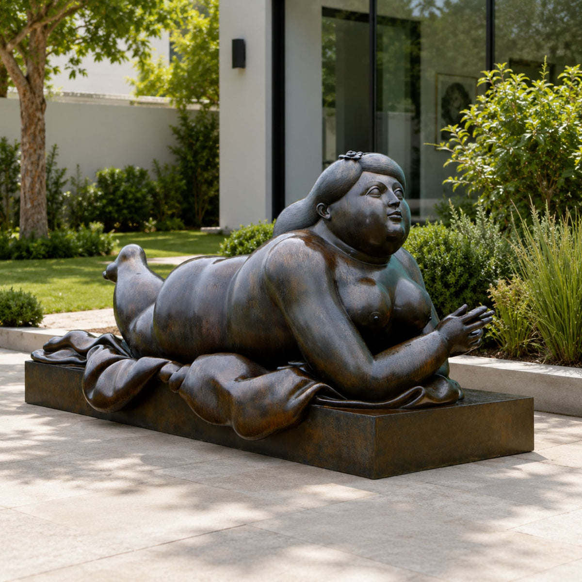 Life-Size Contemporary Reclining Woman Bronze Sculpture, 200cm, full-figured nude propped on elbow on a draped cloth base, displayed on a garden patio near shrubs.