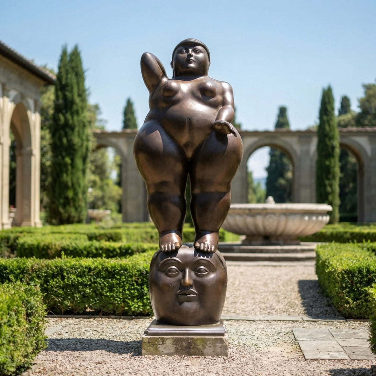 Monumental Rotund Nude Female Figure Bronze Sculpture, 350cm, standing on a large sculpted head, bronze finish, displayed on a garden stone path with hedges and arched colonnade behind.