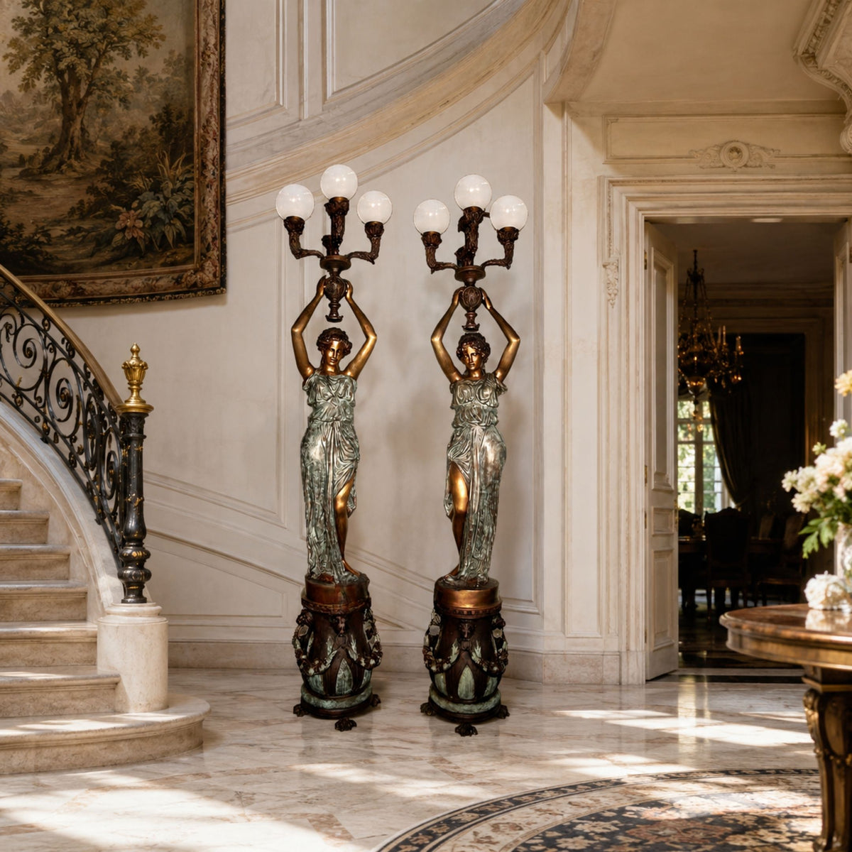 Large Classical Draped Goddess Candelabra Bronze Sculpture, 250cm pair with globe lamps on carved pedestals, displayed near a staircase in an entryway.