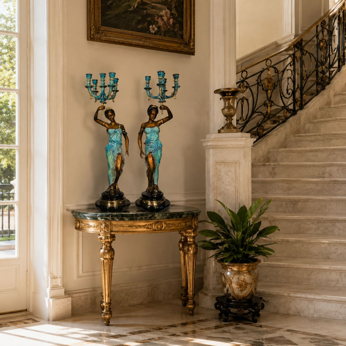 Classical Paired Goddess Candelabra Bronze Sculpture, 80cm, teal patina figures with gold detail on gilt console table beneath staircase in an entryway.