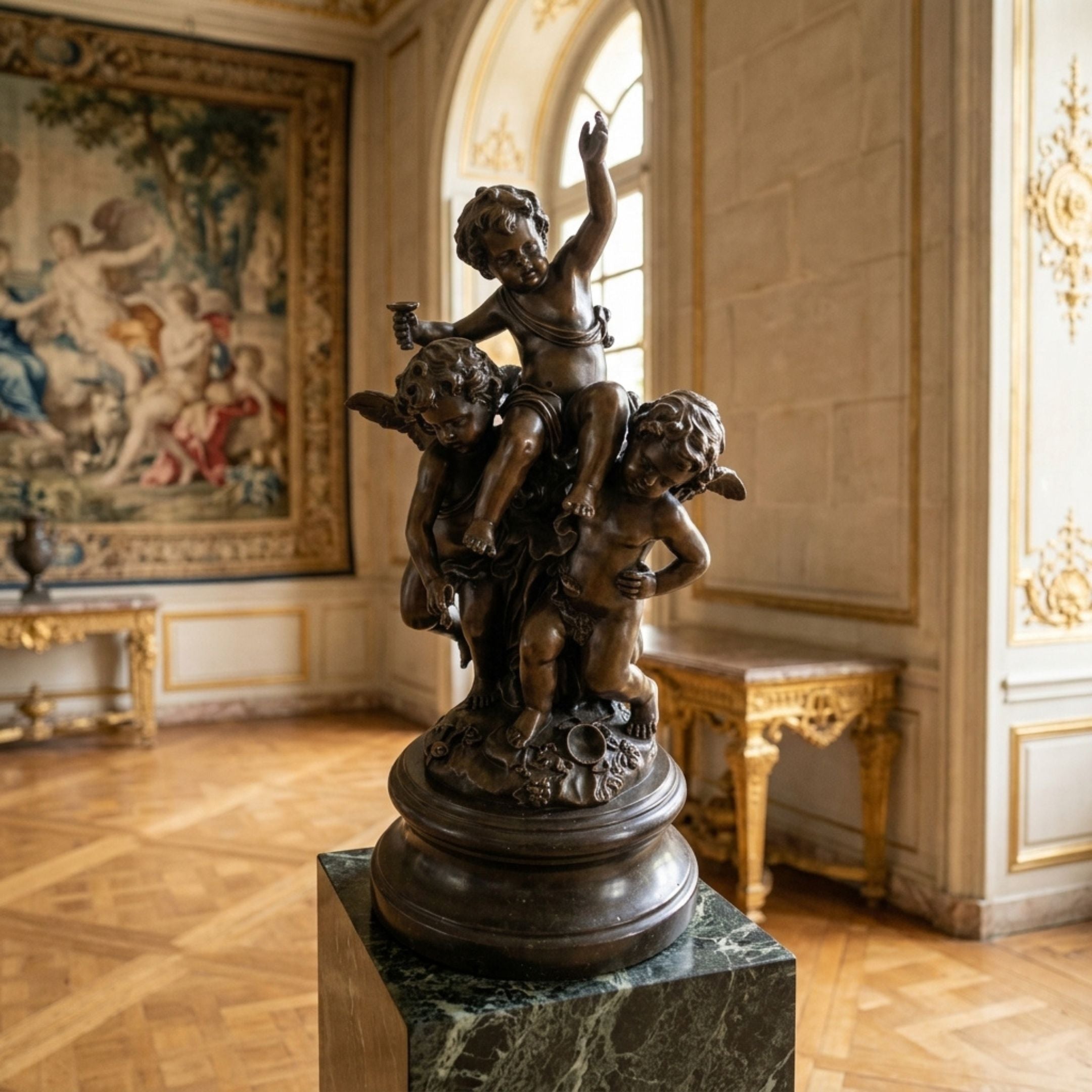 Large Classical Cherubs and Central Figure Bronze Sculpture, 210cm, on a marble plinth in a gilded period room with a tapestry and console table nearby.