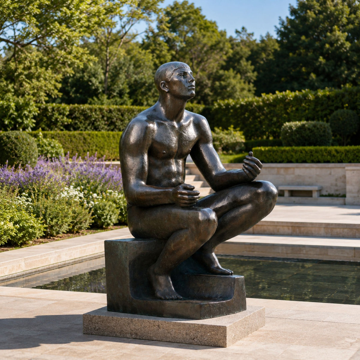 Large Classical Seated Male Figure Bronze Sculpture, 170cm, cross-legged with head tilted back, on a stone base beside a garden pool.