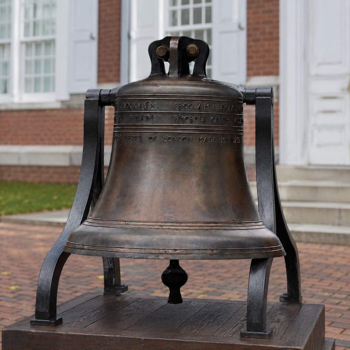 Traditional Liberty Bell Bronze Sculpture, 91cm, with golden-brown patina and raised inscription bands, mounted in a black metal frame outdoors near a brick building.