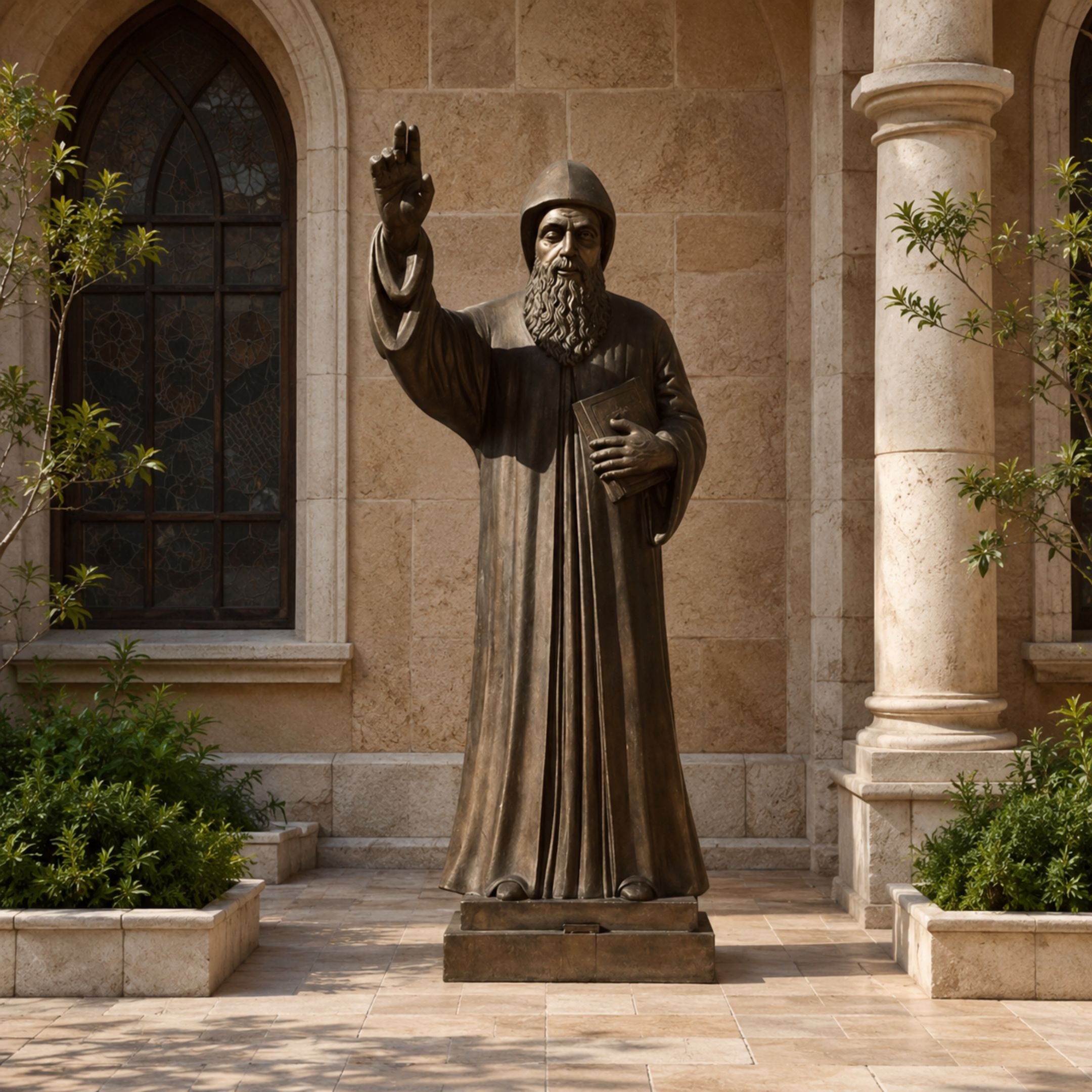 Life-Size Classical Robed Saint Bronze Statue, 300cm, hooded figure with raised blessing hand and book, set on a stone base outside arched windows.