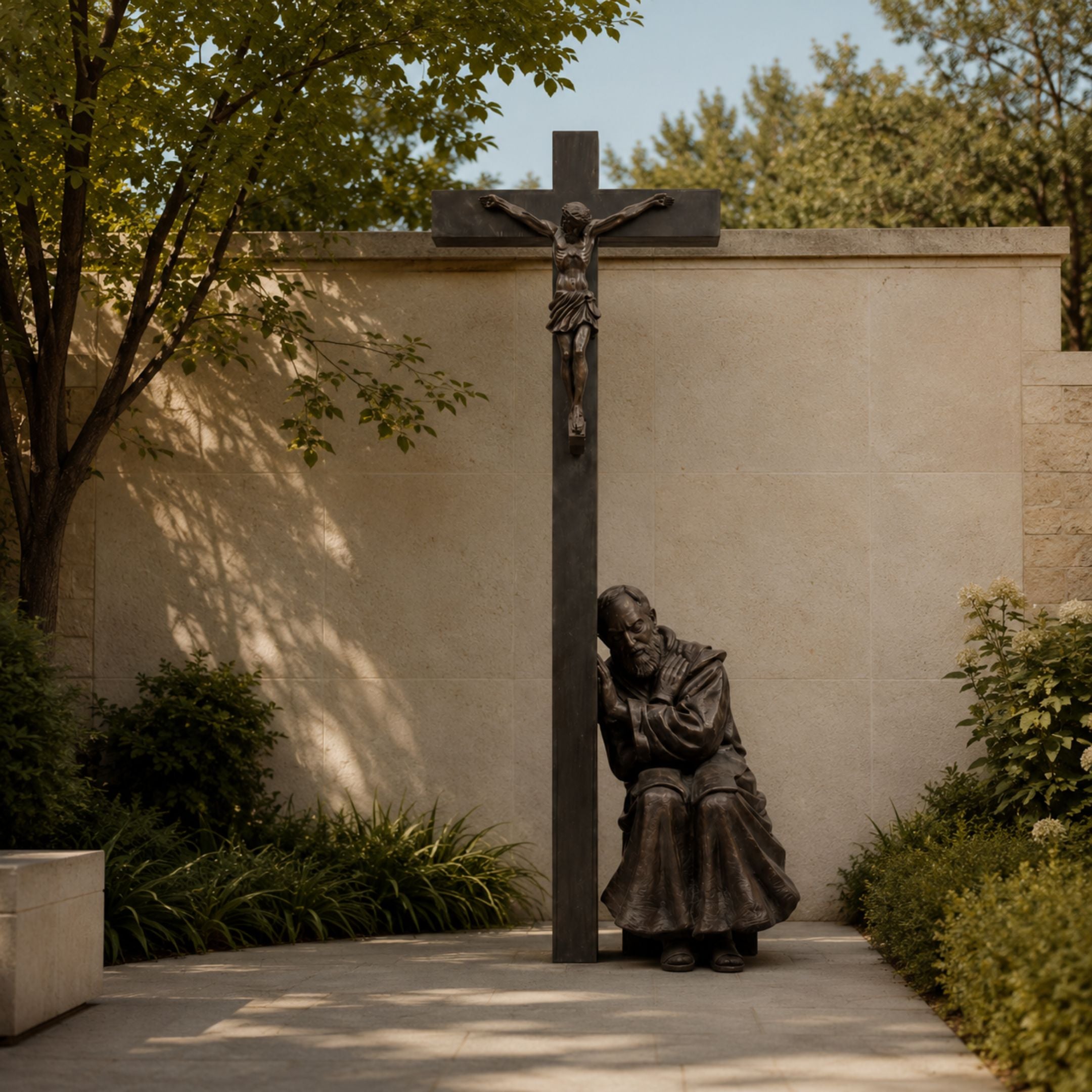 Monumental Traditional Praying Saint and Crucifix Bronze Sculpture - 350cm