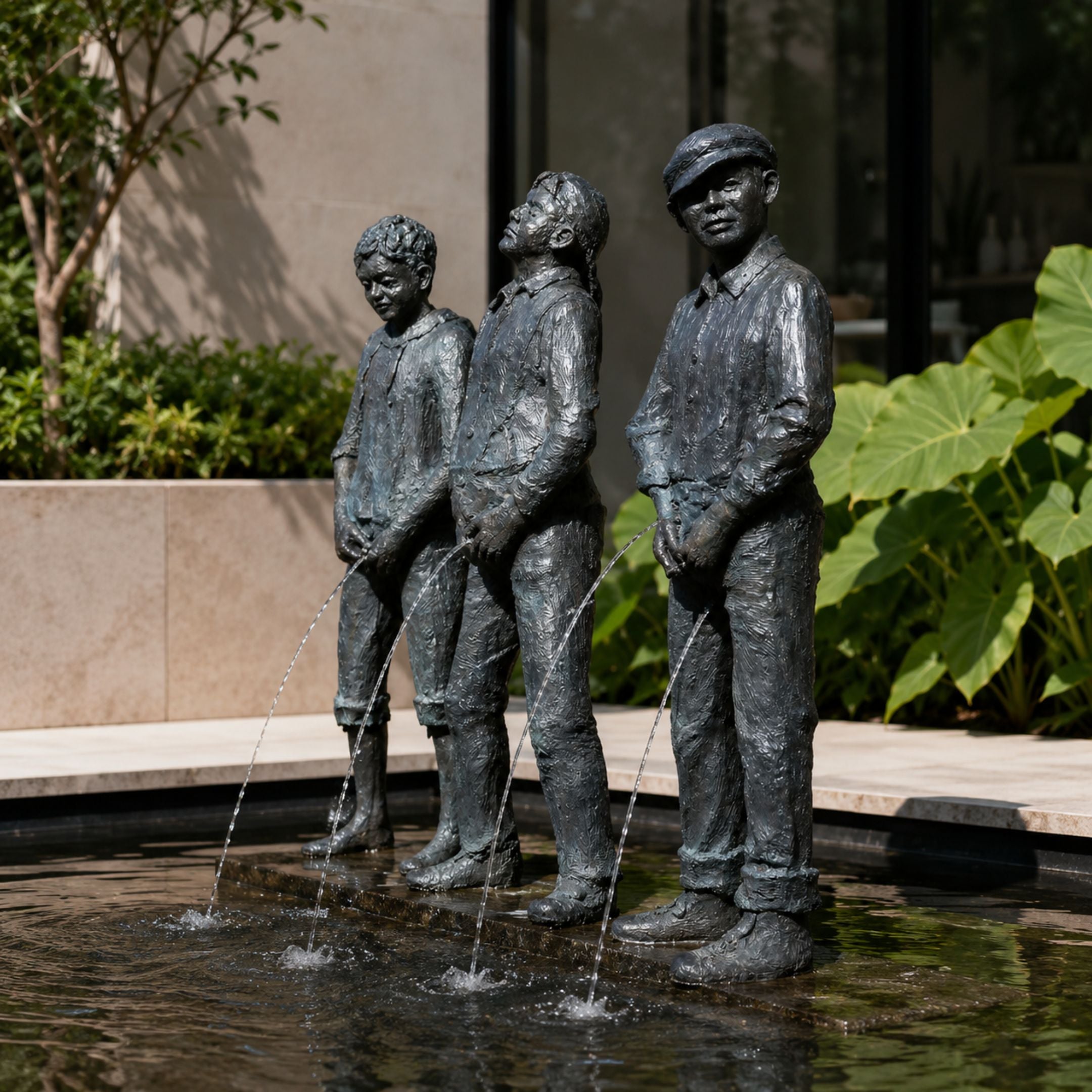 Contemporary Three Boys Peeing Bronze Fountain, 130cm, cast bronze figures streaming water into a dark pool, set in a garden courtyard with greenery and stone edging.
