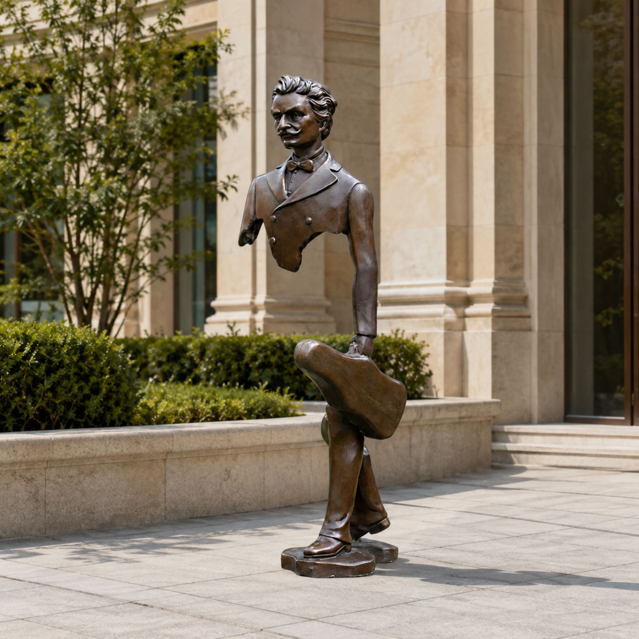Large Contemporary Fragmented Traveller Bronze Sculpture, 180cm, a suitcase-carrying figure with a fragmented torso, outdoors near a paved courtyard and hedges.
