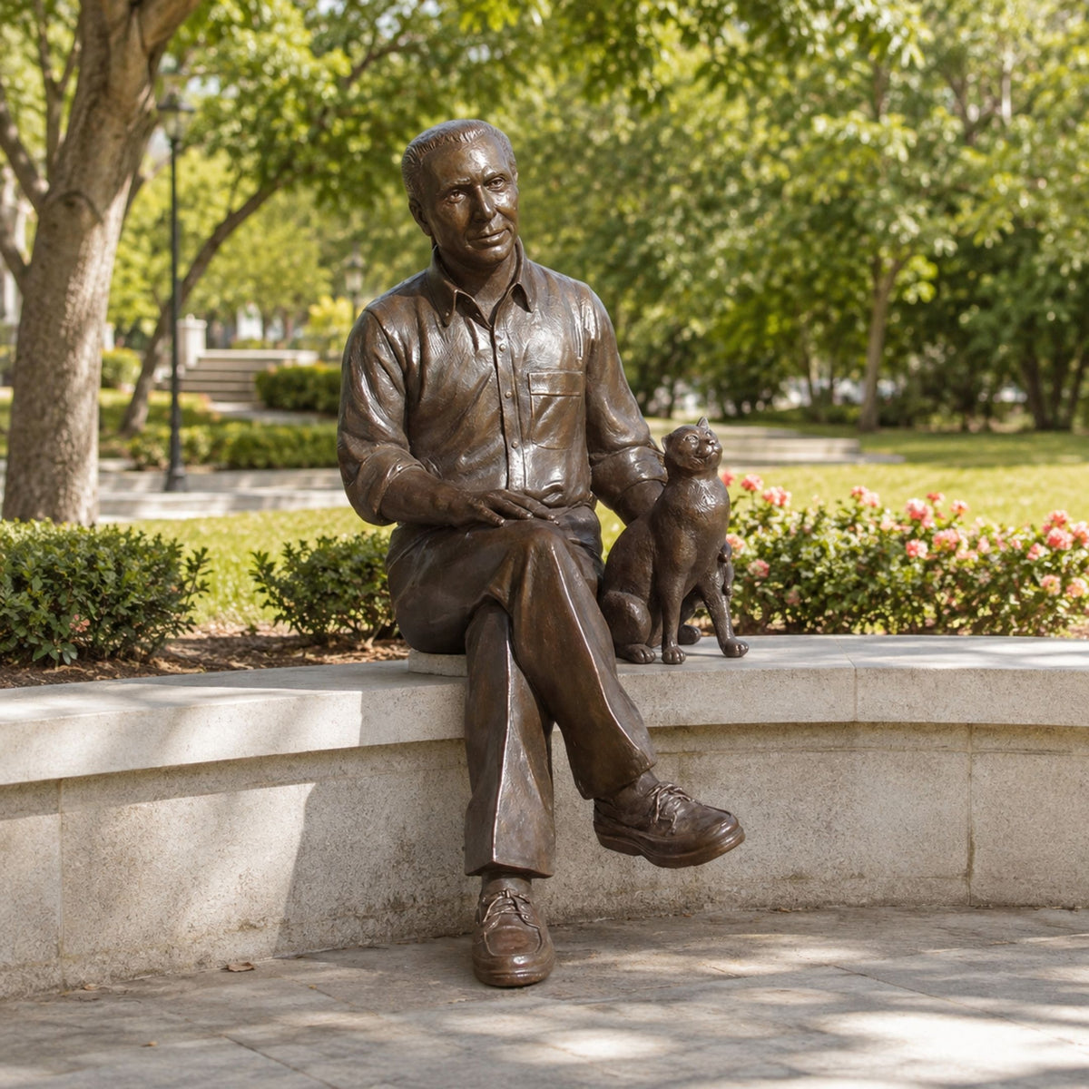Life-Size Contemporary Seated Man and Cat Bronze Sculpture, 190cm, cast bronze figure seated on a granite bench beside a cat, outdoor garden setting with trees and flowering shrubs.
