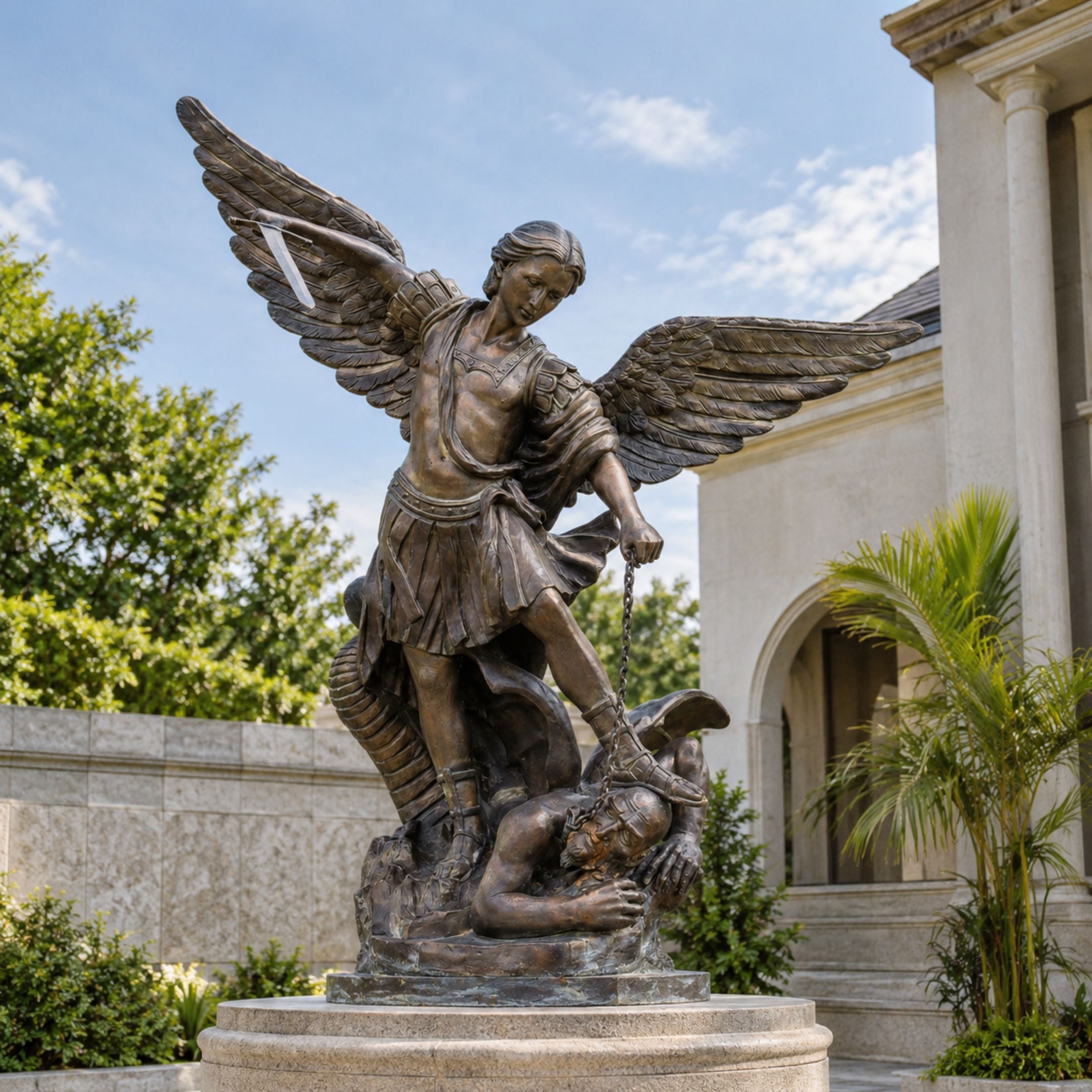 Monumental Classical Archangel Michael Bronze Sculpture, 300cm, winged figure in Roman armor holding a chain over a chained demon, set on a stone base outdoors near a building.