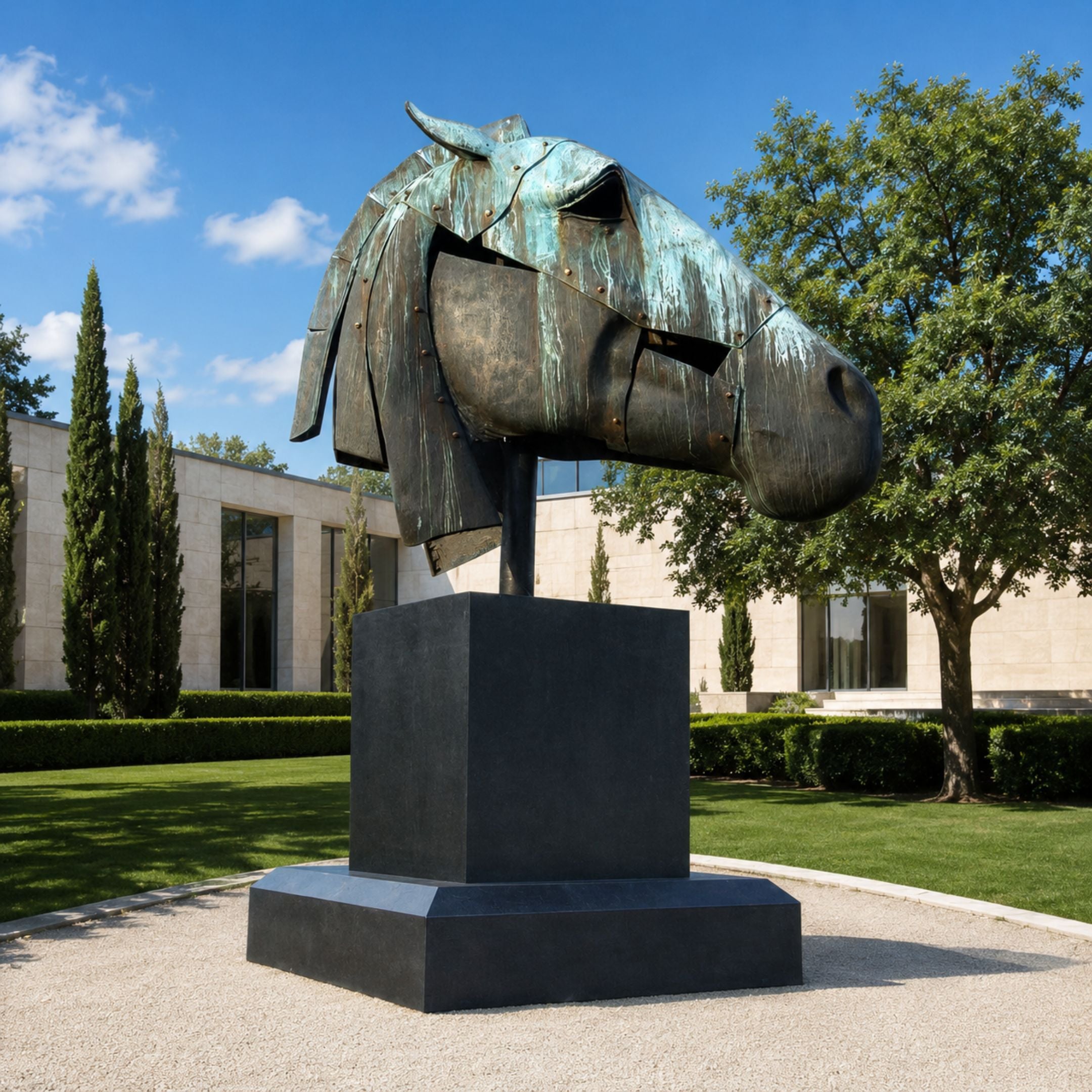 Monumental Contemporary Segmented Horse Head Bronze Sculpture, 450cm, with verdigris patina on a black pedestal in a courtyard setting.