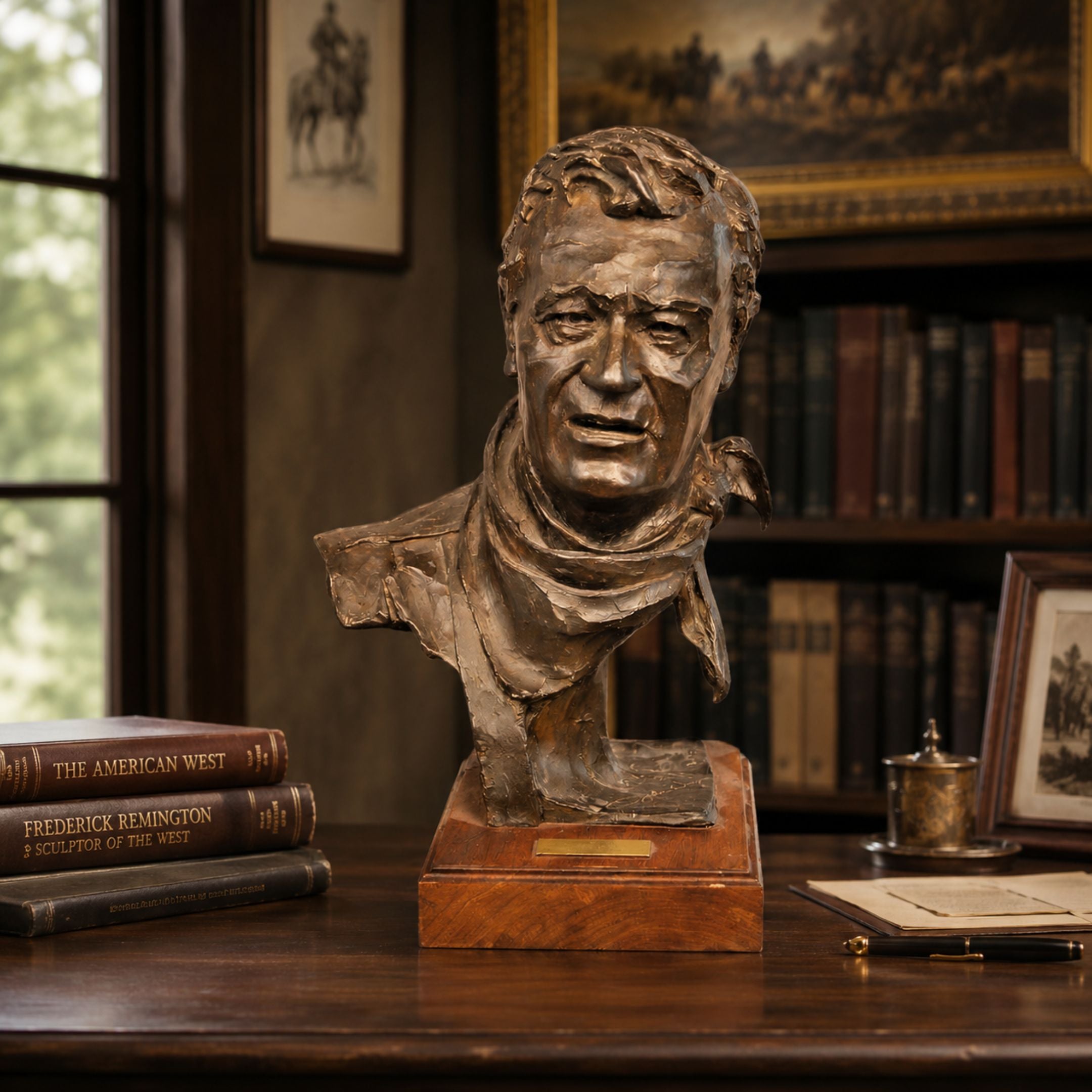 Traditional Man with Neckerchief Bronze Bust, 65cm, on a wooden base atop a study desk with bookshelves and framed art in the background.