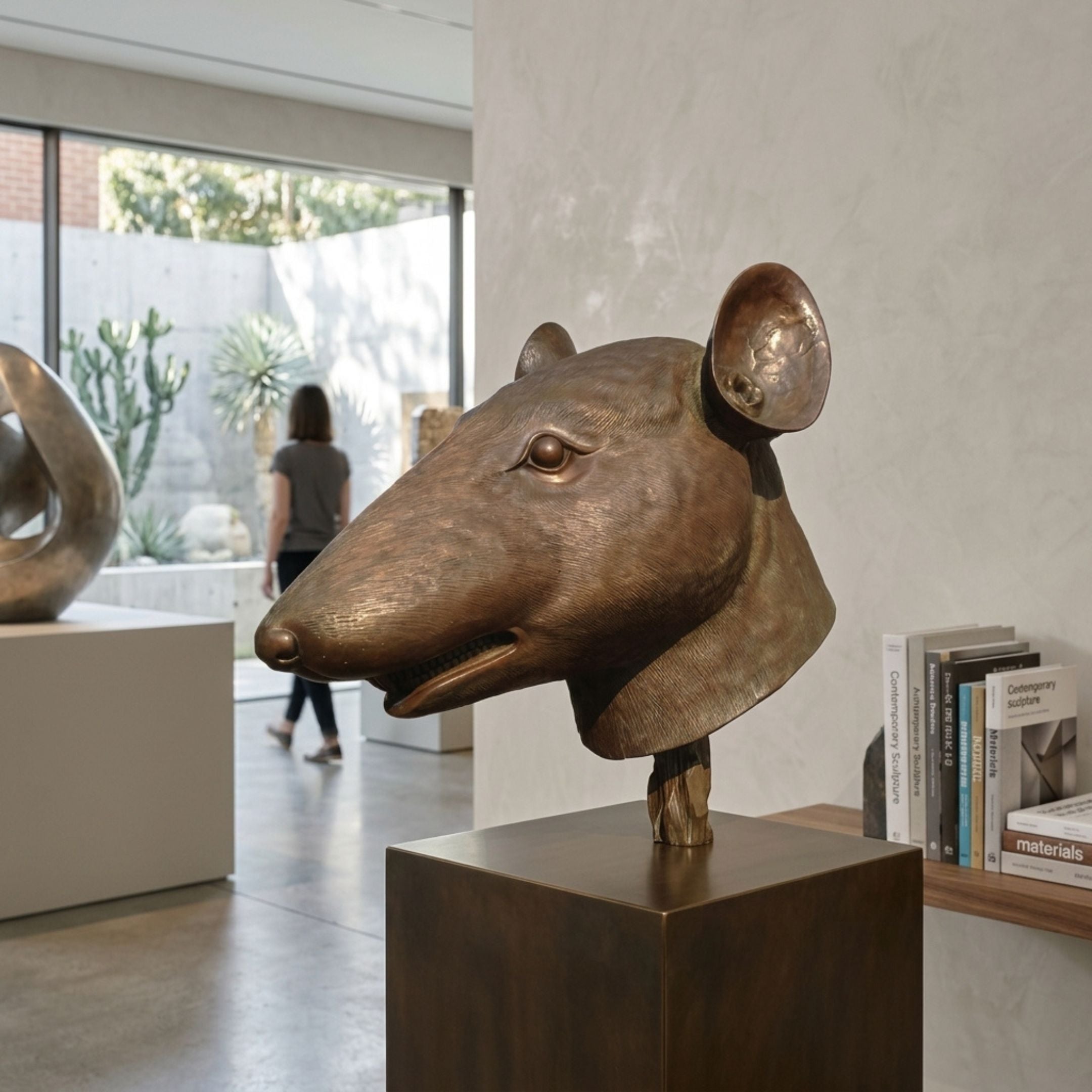 Contemporary Rat Head Bronze Sculpture, 45cm, displayed on a bronze pedestal in a gallery interior with bookshelf and view to an outdoor garden.