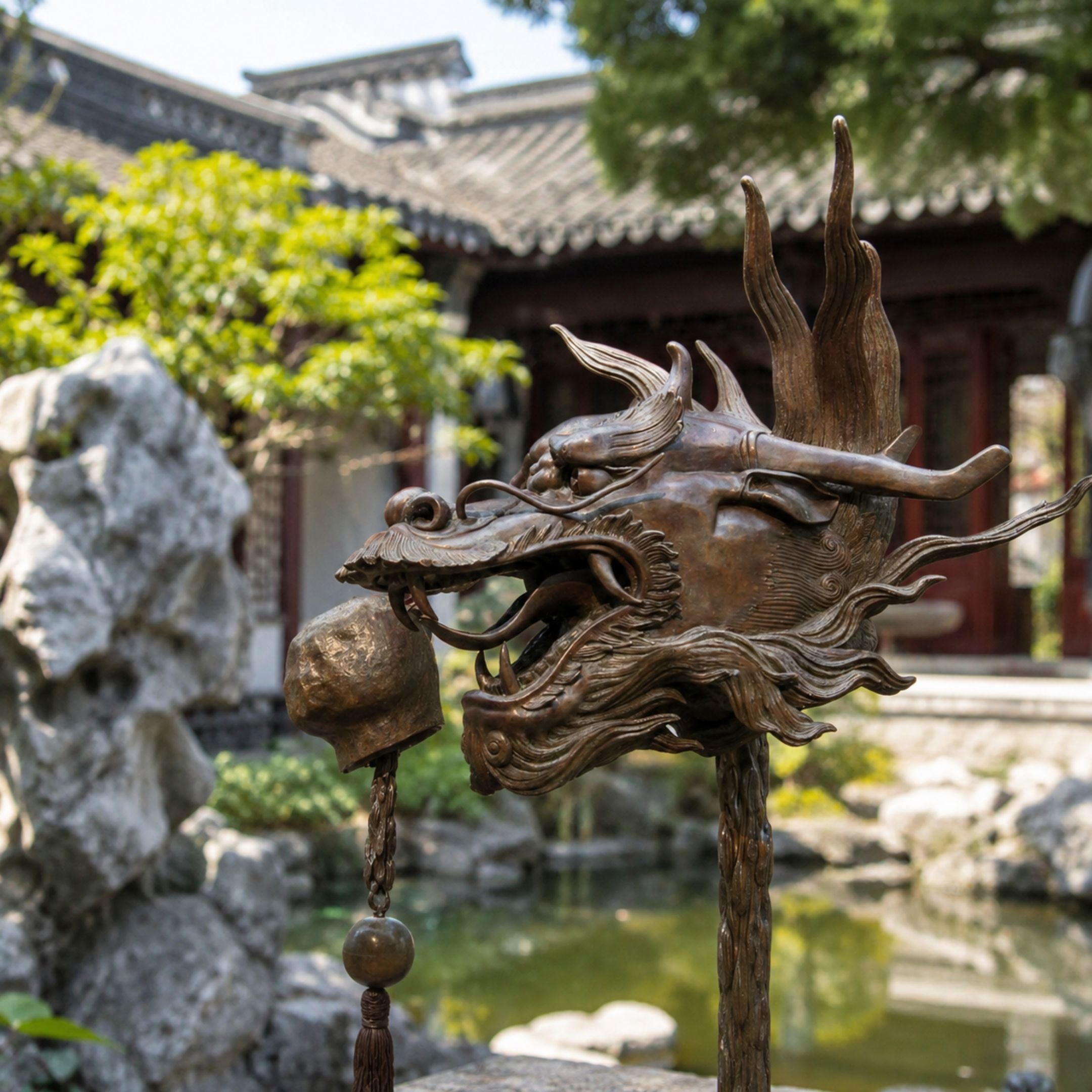 Traditional Chinese Dragon Head Bronze Sculpture (Arcing Tusks) - 45cm, side view with open jaws and flame-mane detail, displayed outdoors near a garden pond and stone rockery.