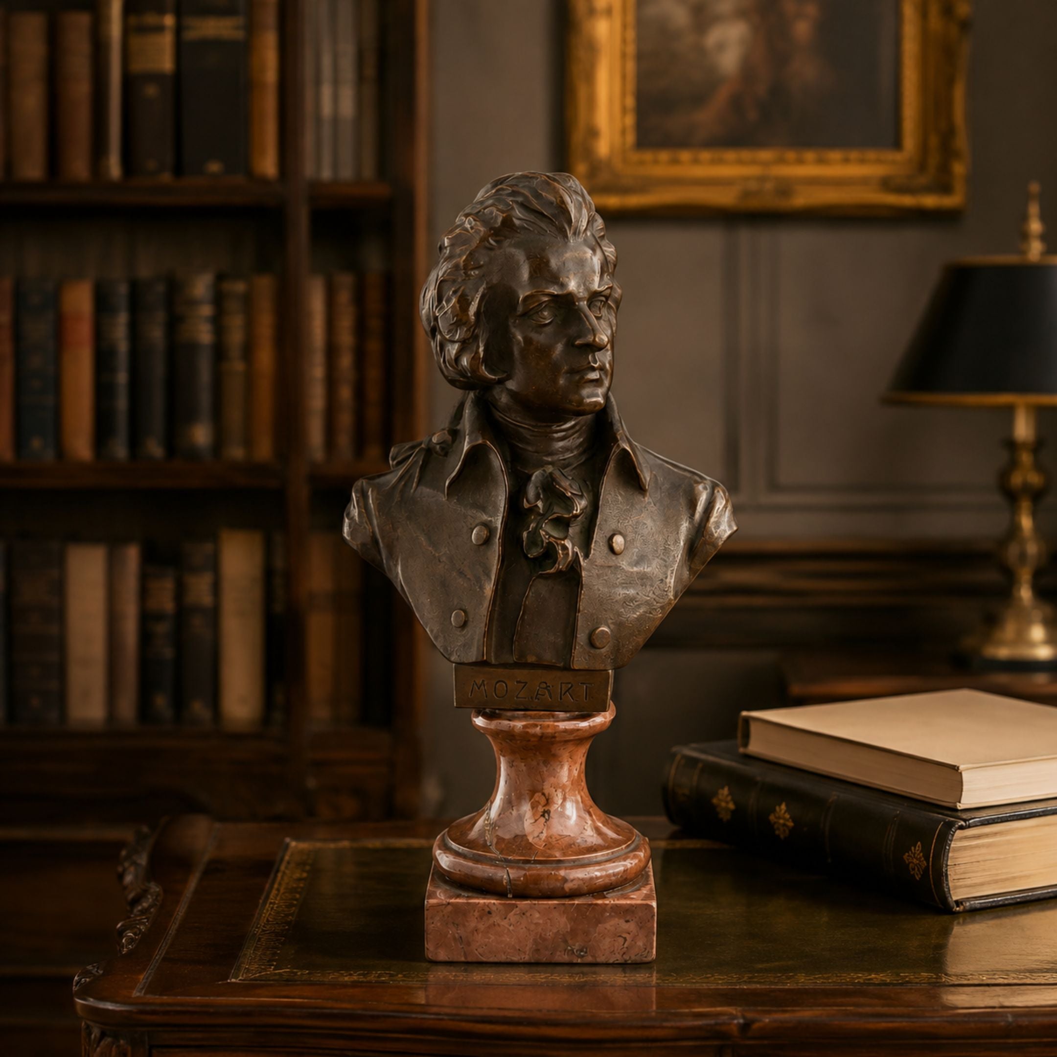 Classical Portrait Bust Bronze Bust - 60cm by Giant Sculptures, Mozart likeness on marble base, displayed on a desk in a study with bookshelves and framed art.