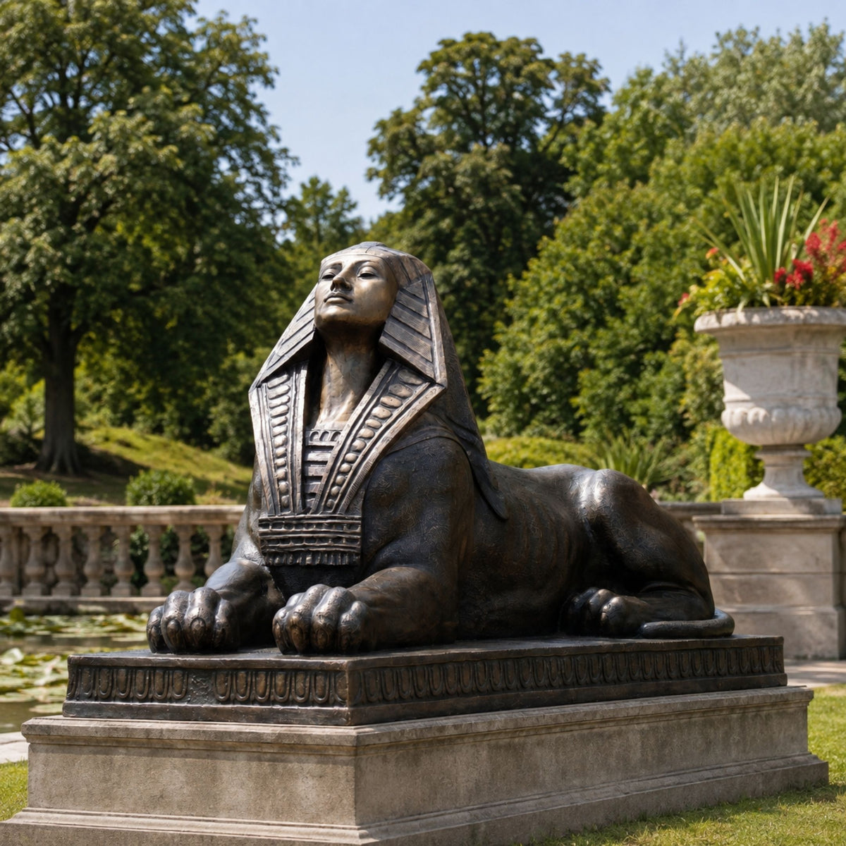 Monumental Classical Egyptian Sphinx Bronze Sculpture, 200cm, dark bronze finish, recumbent lion form with nemes headdress, on stone base in a garden setting.