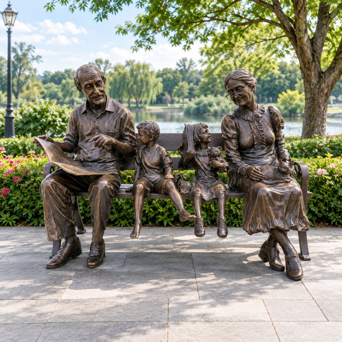 Life-Size Traditional Grandparents and Grandchildren on Bench Bronze Sculpture, 250cm, bronze figures on a bench in a park setting with trees and a lake.