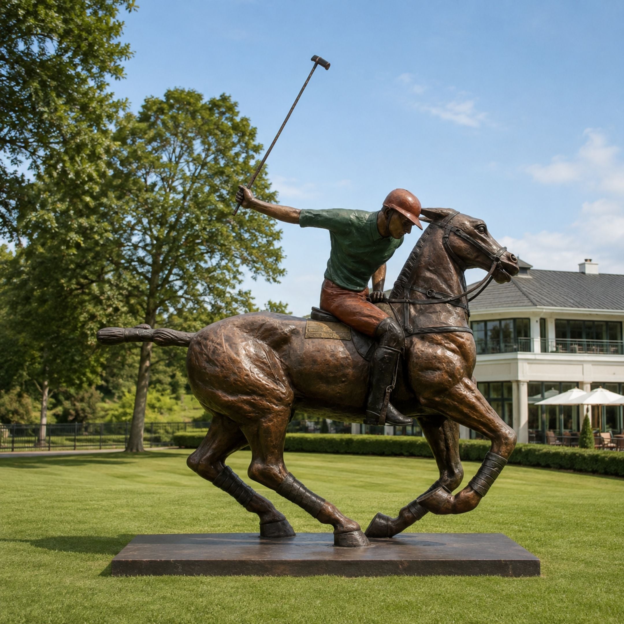 Life-Size Traditional Polo Player and Horse Bronze Sculpture, 400cm, on a dark base outdoors, mid-gallop with mallet raised near a clubhouse lawn.