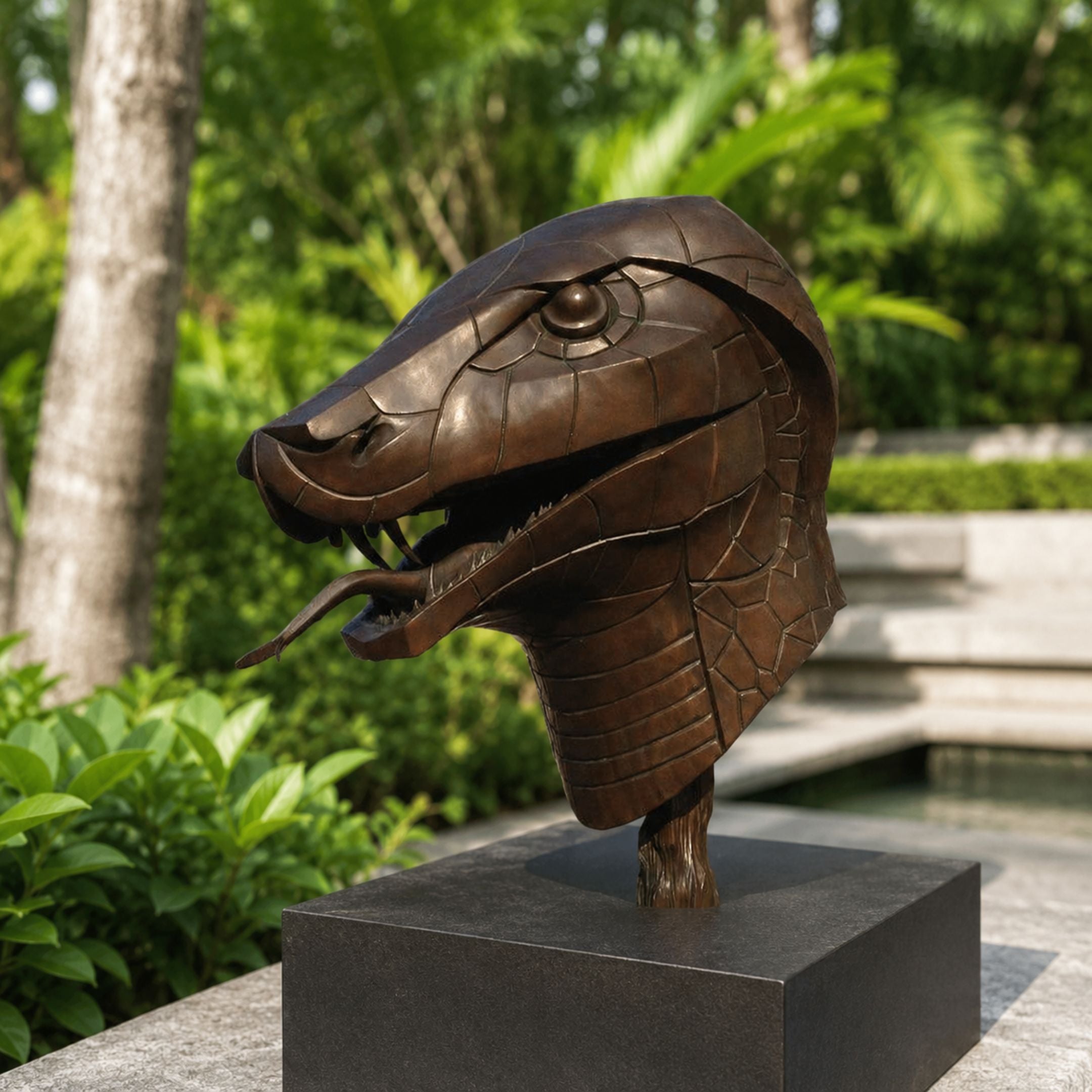 Contemporary Snake Head Bronze Sculpture, 45cm, cast bronze with open fanged mouth and extended tongue, on a black base outdoors amid greenery.