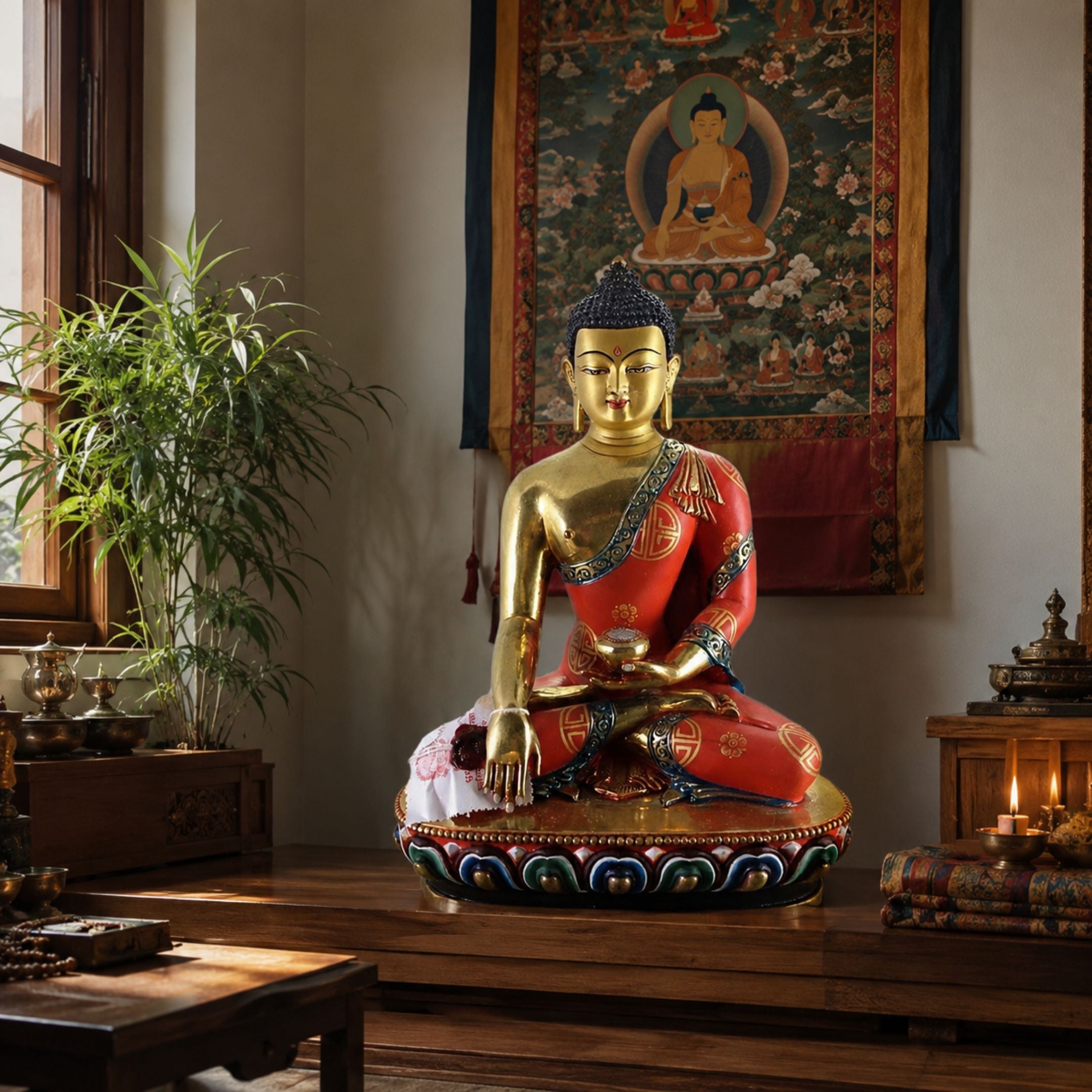 Life-Size Traditional Seated Tibetan Buddha Bronze Sculpture, 180cm, gilt figure in red polychrome robes on a tiered lotus throne, displayed near a thangka wall hanging and plant in a living room.