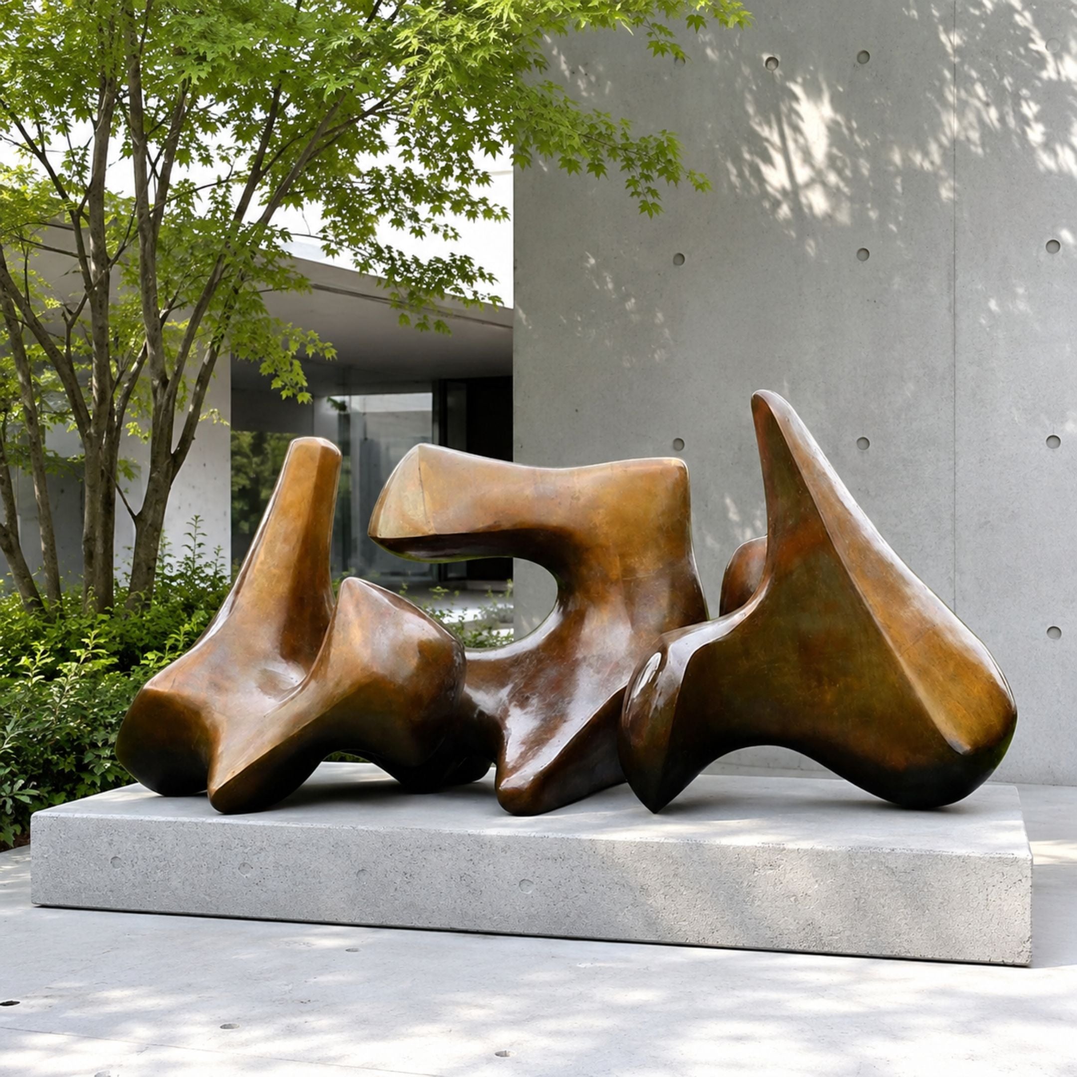Large Modern Abstract Bronze Sculpture, 94cm, with three interlocking biomorphic forms on a concrete plinth, shown outdoors near trees and a concrete wall.
