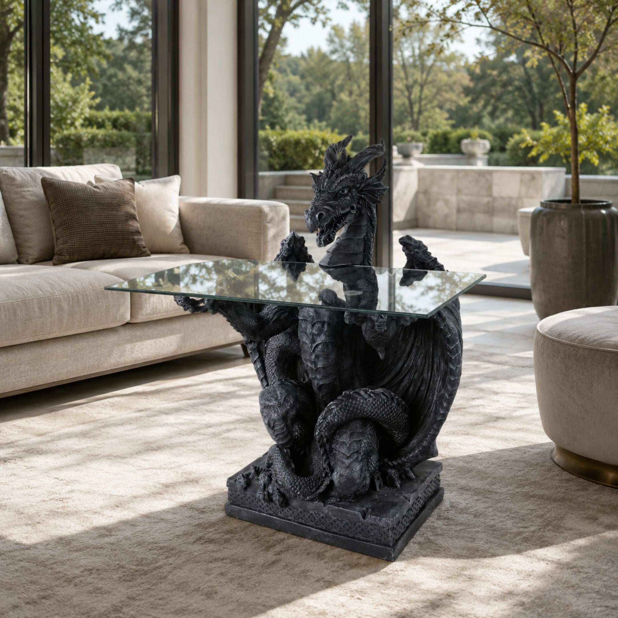 Traditional Dragon Coffee Table Bronze Sculpture, 85cm, rearing dragon with spread wings supporting a glass tabletop, in a neutral living room beside a beige sofa.