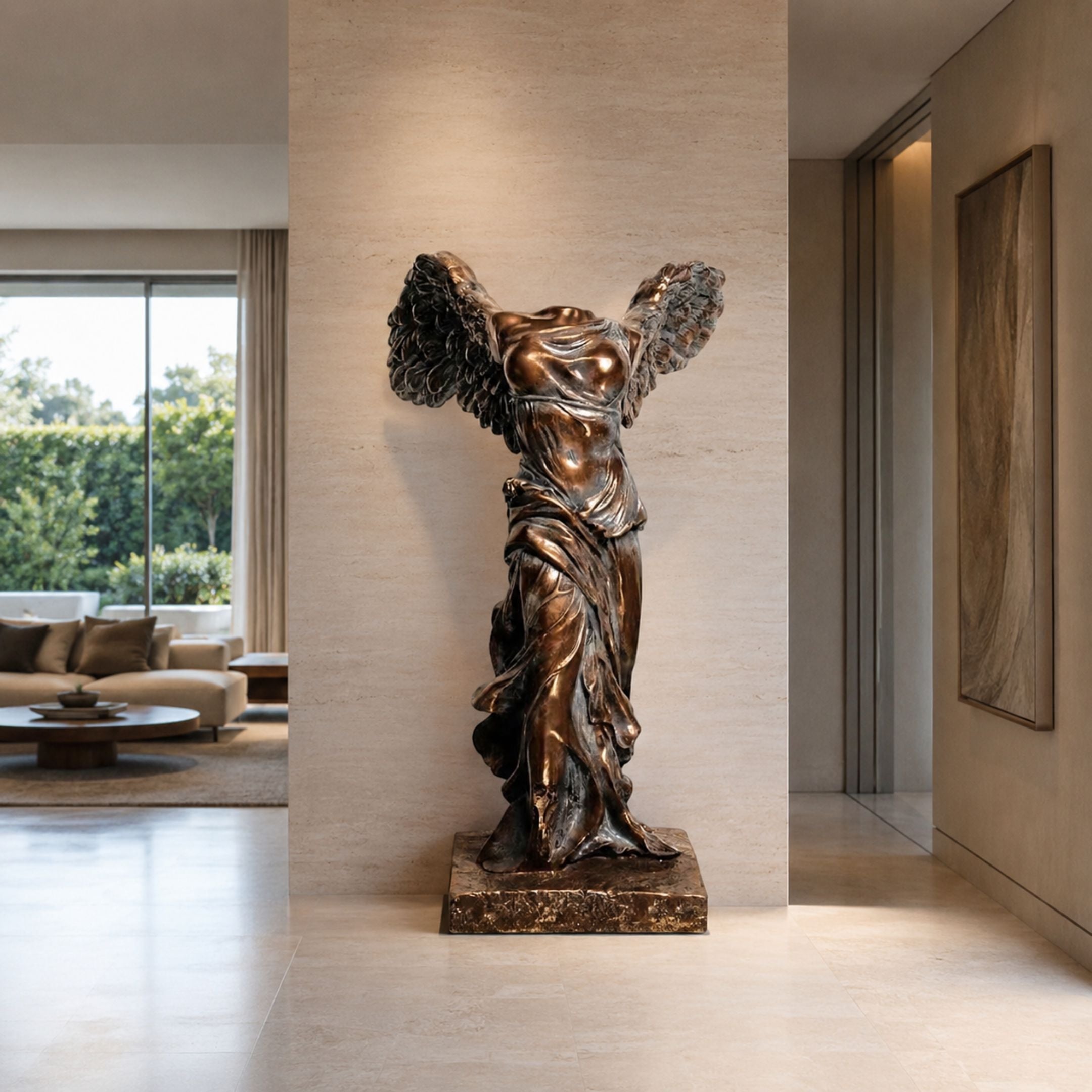 Monumental Classical Winged Goddess Bronze Sculpture, 210cm, headless winged figure in flowing robes on a stone base, shown against a hallway wall near a living room.