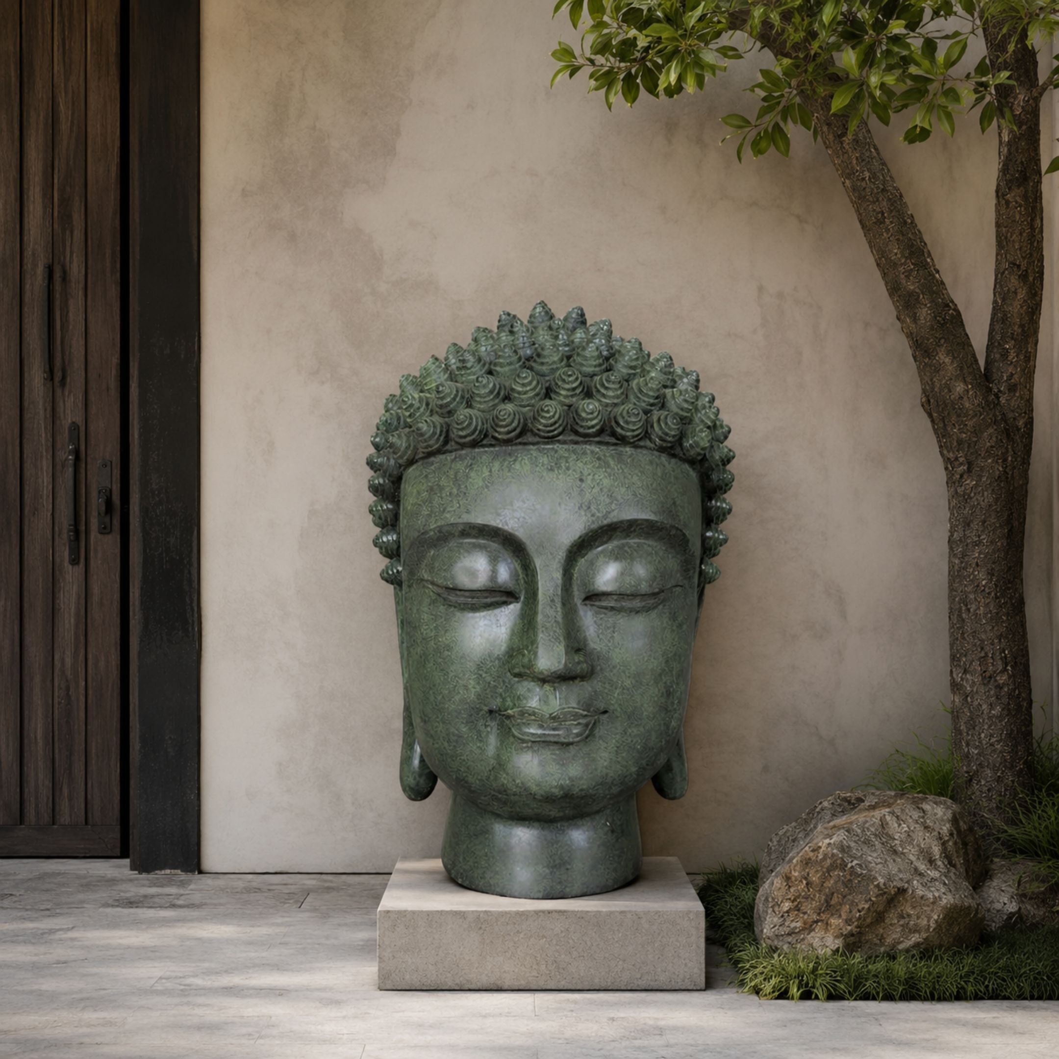 Large Traditional Buddha Head Bronze Bust, 150cm, green-patina bronze on a stone plinth beside a doorway and tree in an outdoor courtyard setting.
