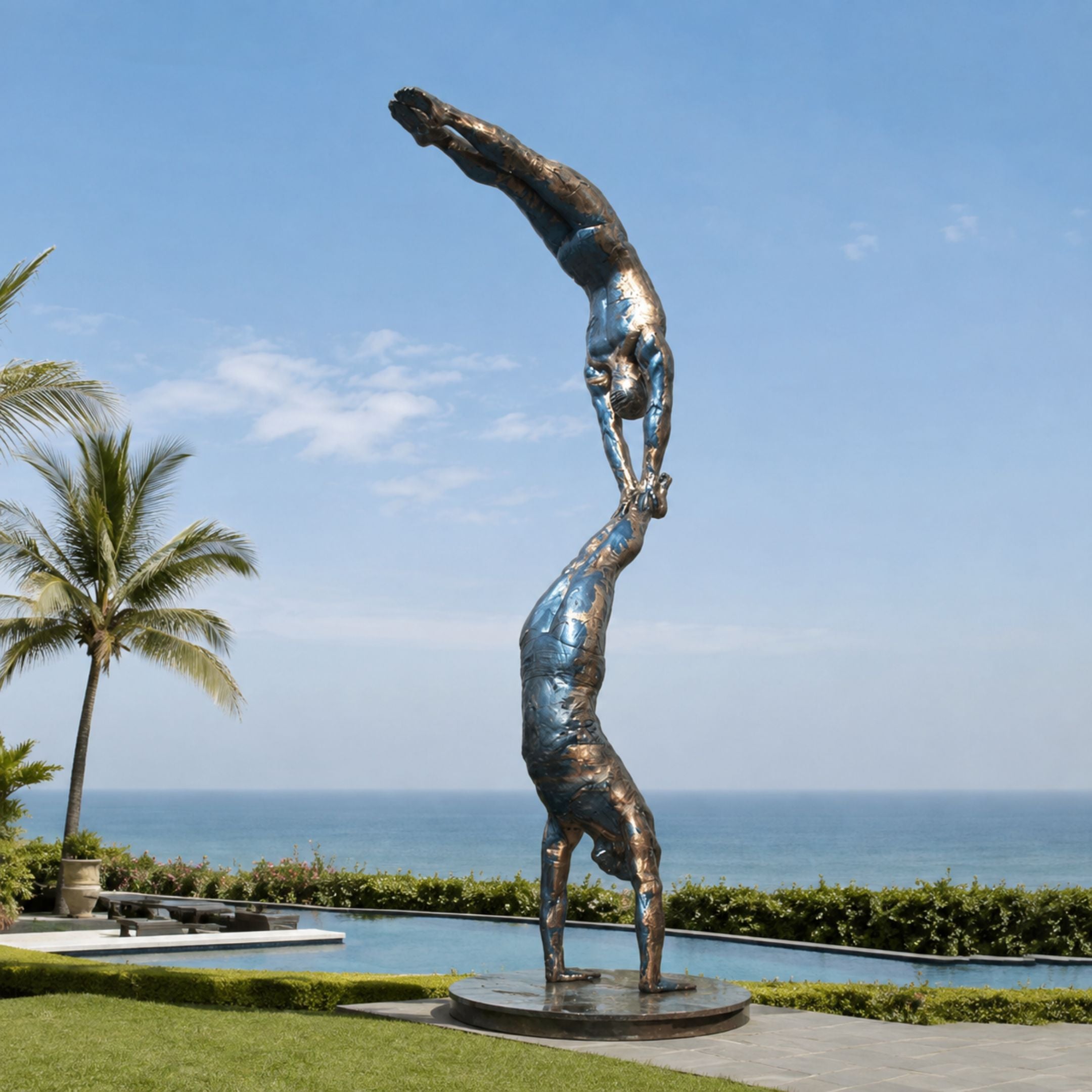 Monumental Contemporary Acrobatic Figures Bronze Sculpture, 800cm, showing two balanced acrobats in patinated bronze on a round plinth beside a poolside seaside garden.
