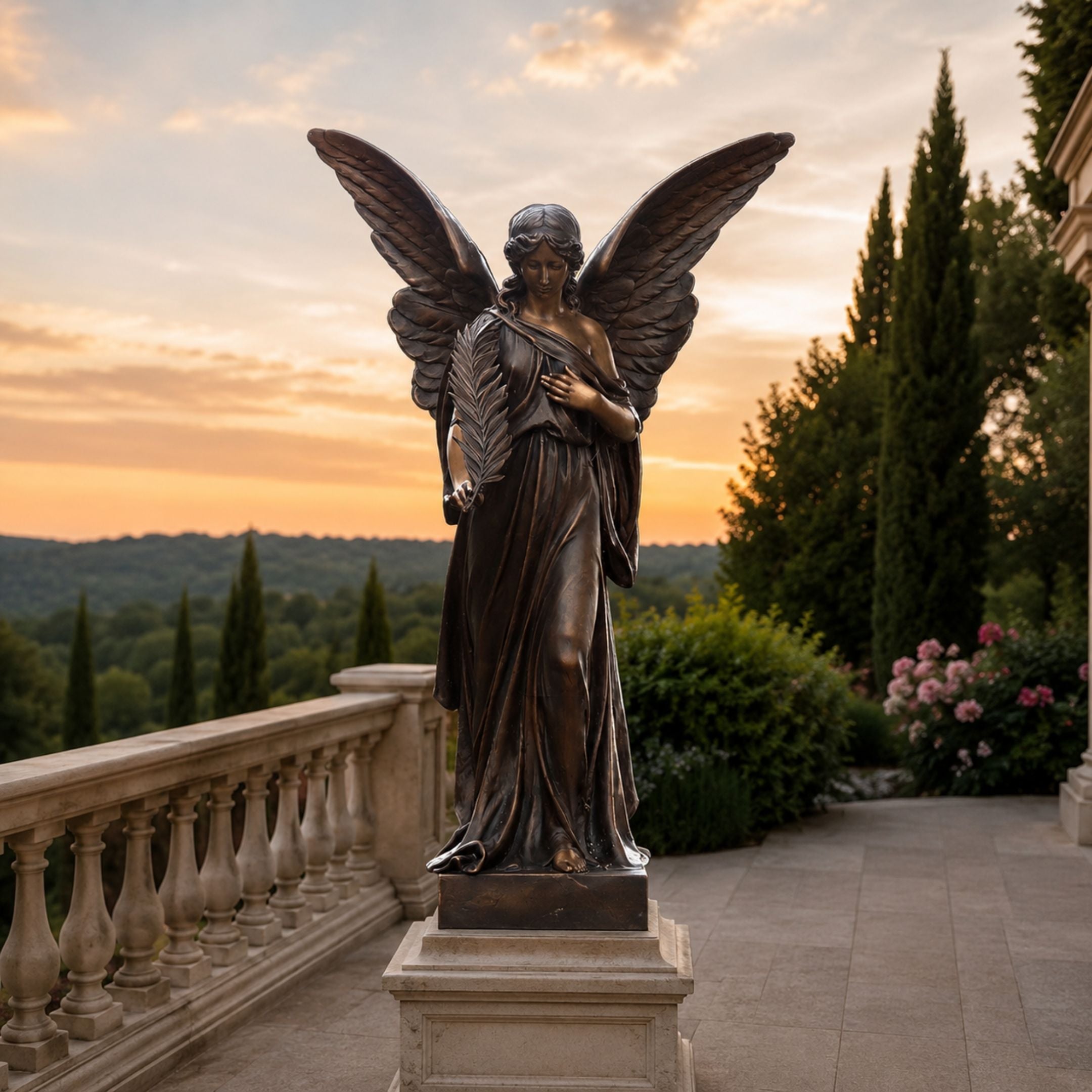 Life-Size Classical Standing Angel Bronze Sculpture, 220cm, wings spread wide, holding a palm frond, on a stone pedestal along a terrace balustrade at sunset.