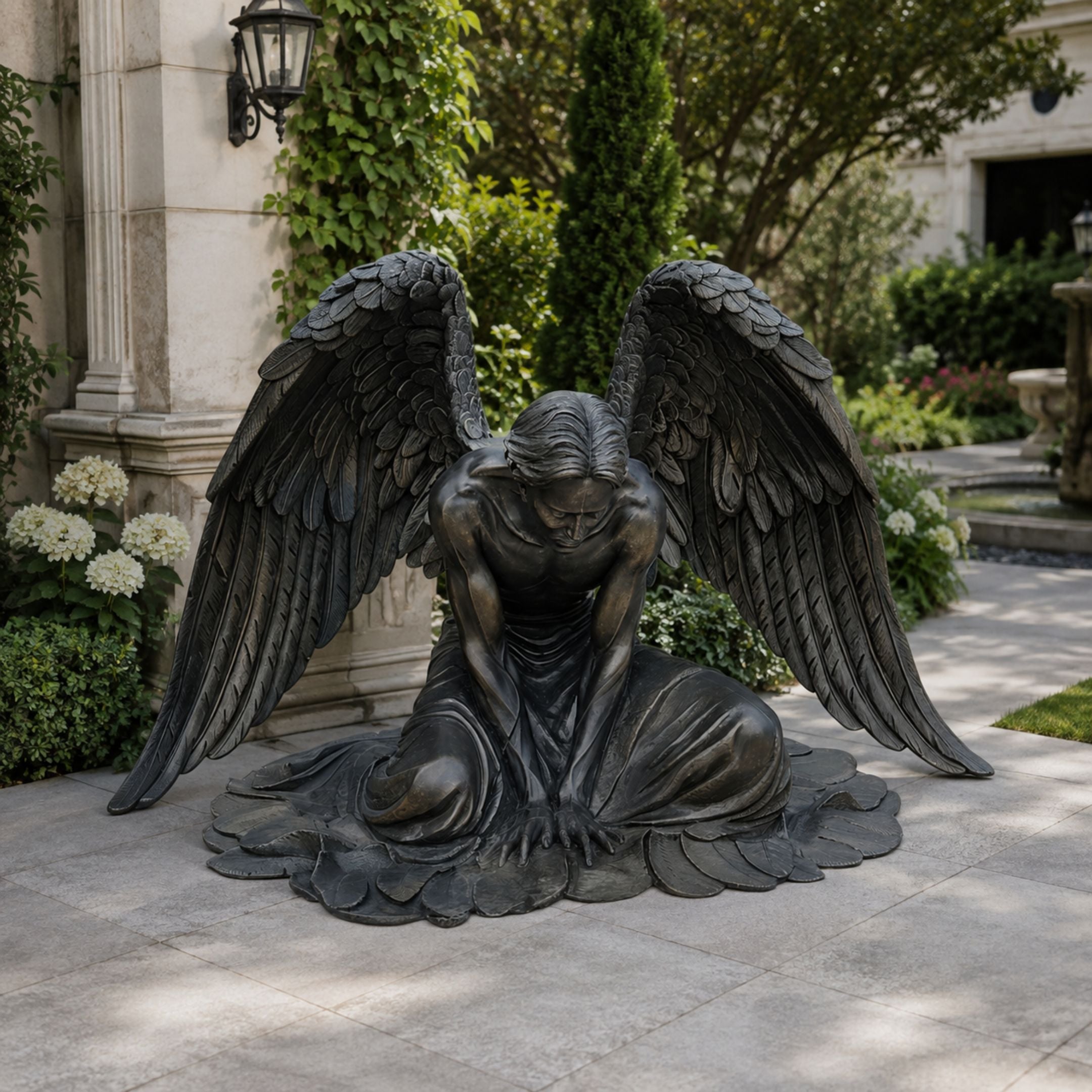 Large Classical Kneeling Angel Bronze Sculpture, 200cm, dark patina finish, wings spread wide, head bowed, set on a garden patio near greenery.